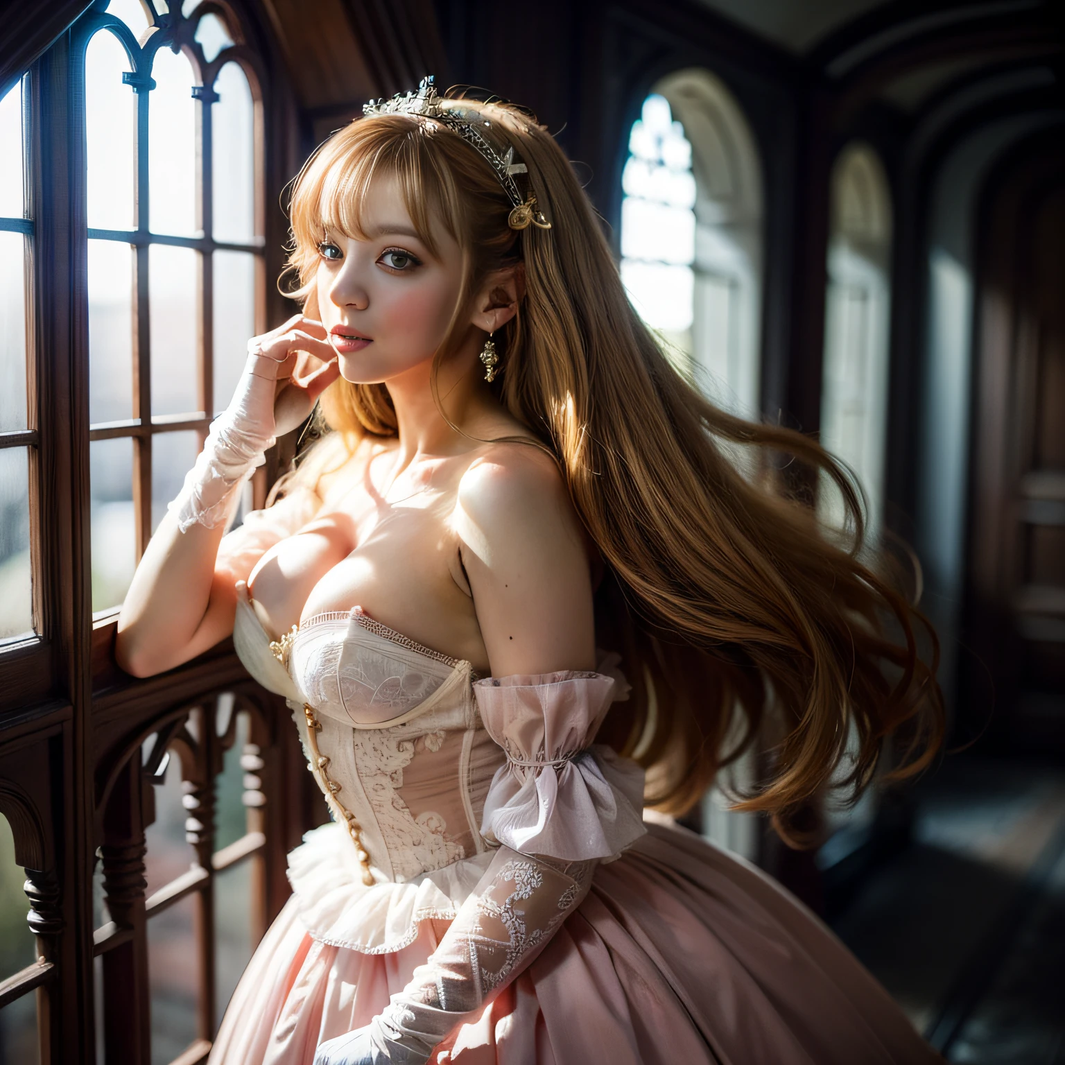 (masterpiece, best quality, highres:1.4), absurdres, 1girl,large breast, star eye, (princess peach), blush, (realistic:1.5), blue eyes, happy, BREAK, pink dress, cute girl,white arm glove, from above,
cowboy shot,perfect illumination, distinct, looking at viewer, sidelighting, perfect face, detailed face, bangs, perfect body, beautiful eyes, pretty face, bright skin, idol,
beautiful castle, beautiful city,