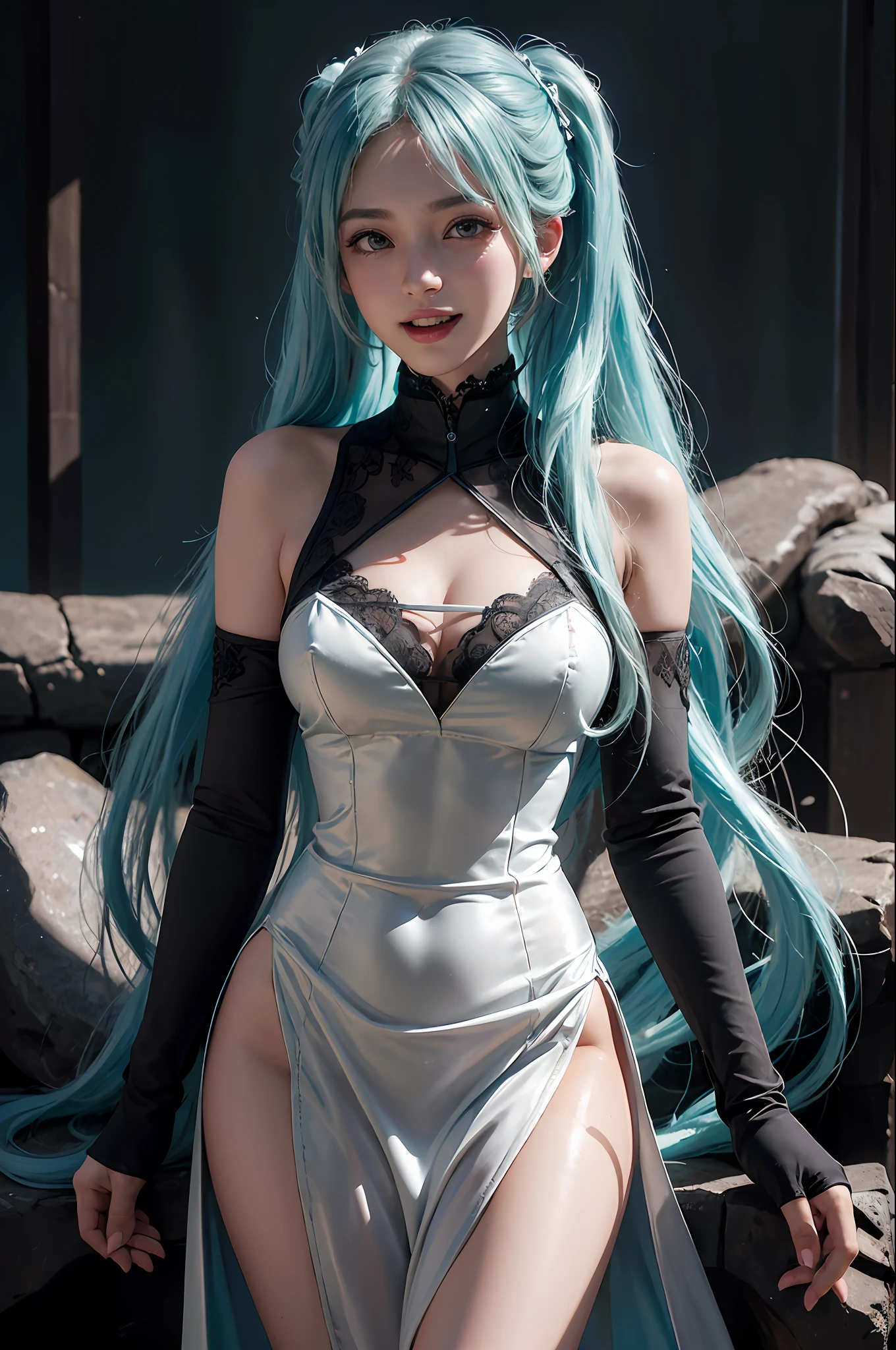 (hatsune miku charakter), tosca hair color, long twin tail hair with pony, looking at the view, eyes on the view, smile (big smile), (open mouth), full body photo, 21 years old girl, perfect body, perfect anatomy, tosca eye color, double eyelids, huge breasts, Highly detailed skin texture, (Realistic skin), Ultra-Detailed Face, Detailed Lips, Detailed Eyes, Double Eyelids, nacklaces, wet skin, wet hair, simple dark room background, (front focus), (in the dark:1.6), deep dark, Hyperrealist portrait of female by david hockney and alphonse mucha, fantasy art, photo realistic, dynamic pose, dynamic lighting, artstation, poster, volumetric lighting, very detailed faces, 4 k, award winning, in the dark, deep shadow, low key, cowboy shot, (white dress color), luxury satin long dress, lighting dress full body photo