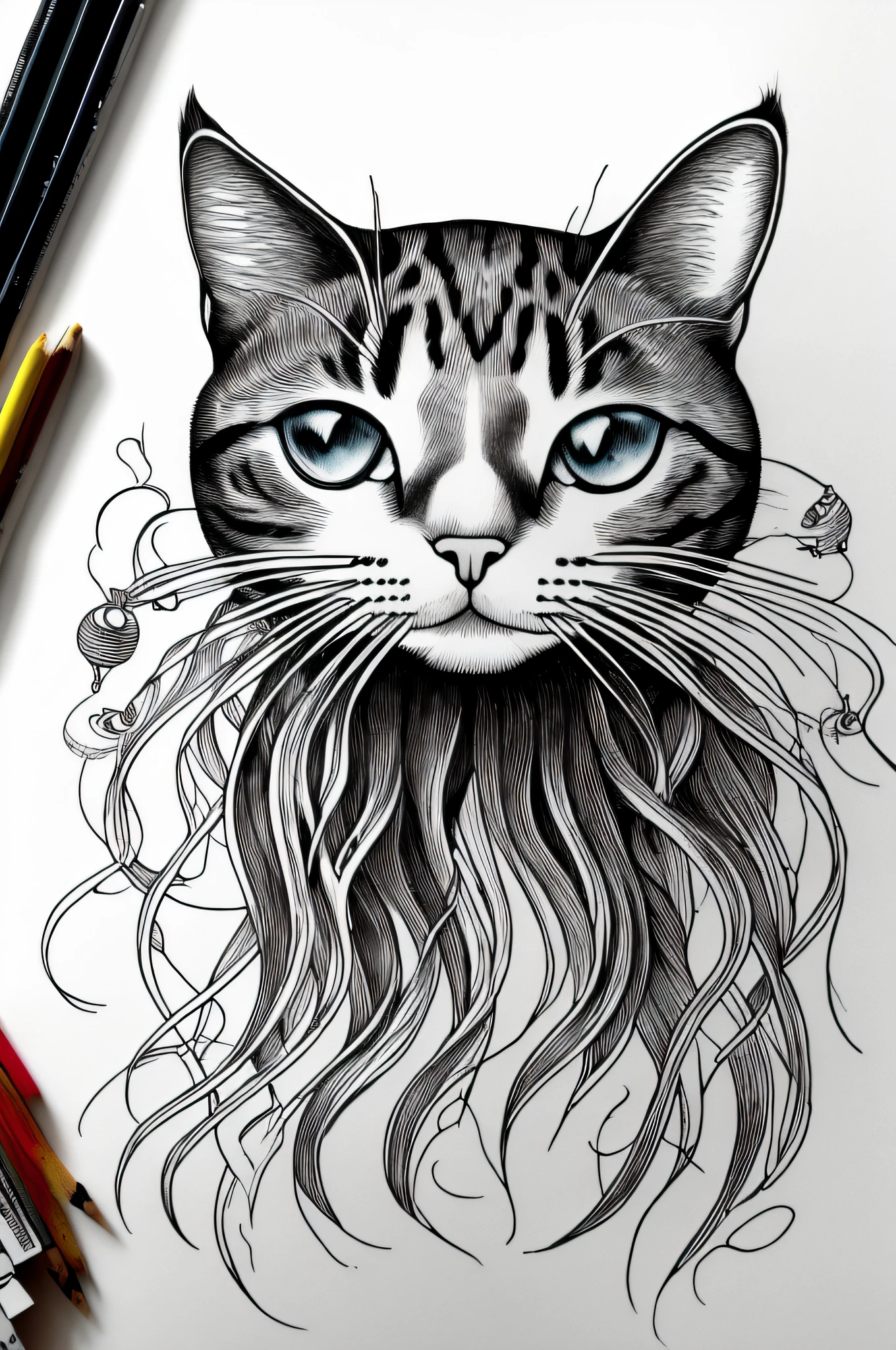 drawing of a cat head with a jellyfish on its head, simple line art, cat head, thin line art, drawn with a single line, cat face, drawn in microsoft paint, simple lineart, digital line-art, black line art, outlined, cat design, outlined art, outline art, outlined hand drawn, cat detailed, on that cats head is lying a jellyfish , only cat head with lying jellyfish on cats head. Do it as tattoo. Jellyfish Is on cats hea