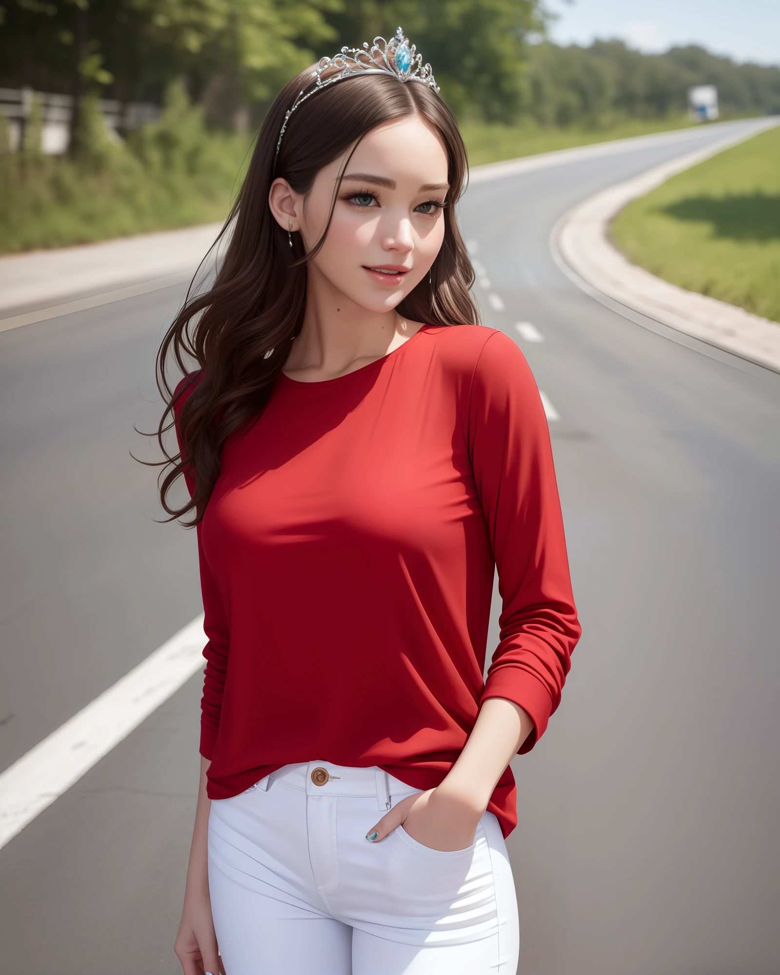 A half body portrait of a beautiful fashion beauty model, her face looks like Jennifer Lawrence, wearing a tiara, wearing a red shirt with a white jeans attire like princess, looks cute and innocent, traditional image, she is giving an interview at the middle of a road, her face is happily glowing, blush, makeups, high quality, highres