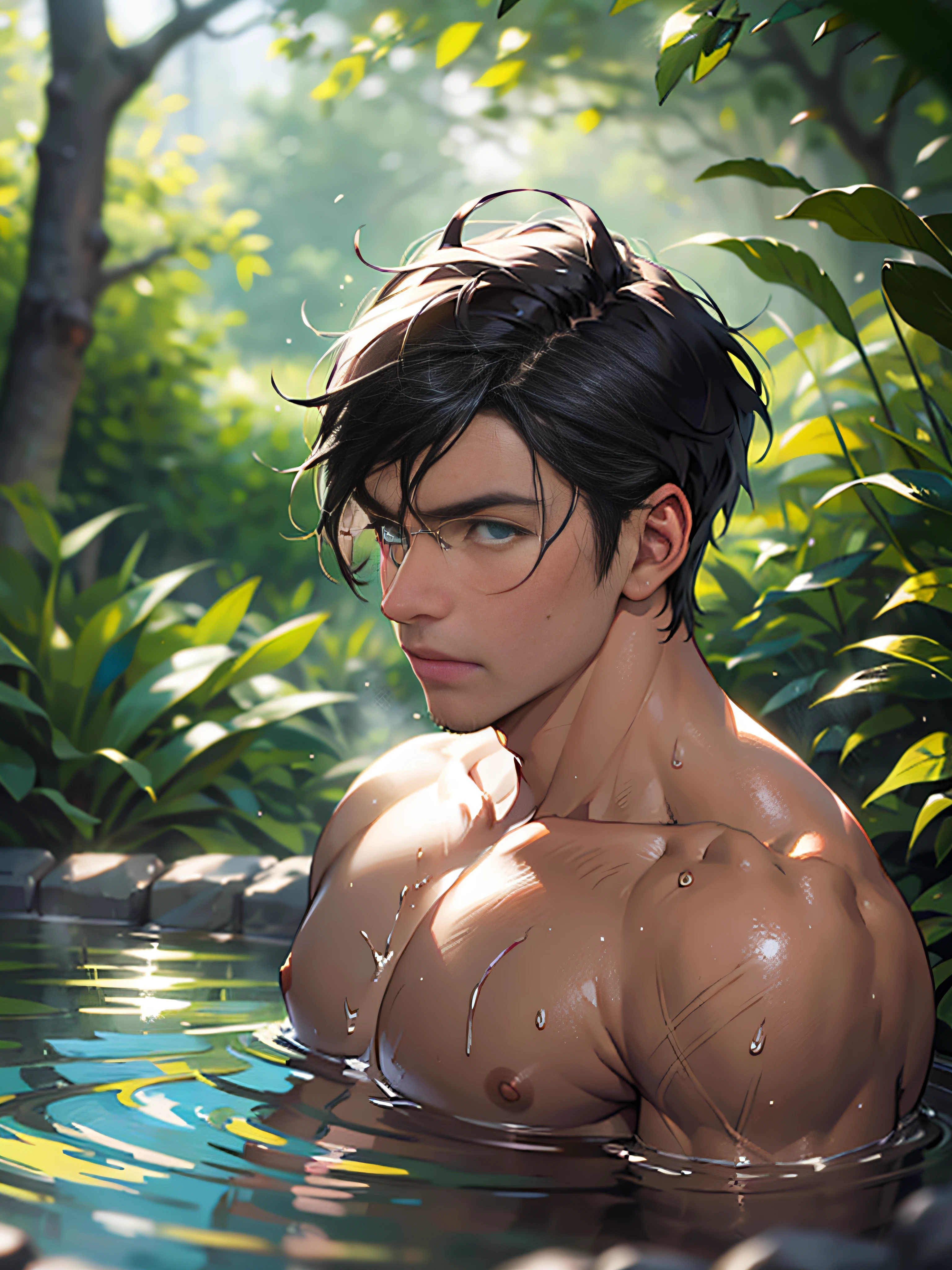 (masterpiece, best quality), 1man, muscular, bright colors, (depth of field: 1.2), sunlight, bright, high exposure, 1boy, male focus, solo, male high school, dark skin, , full, muscular, handsome, outdoors, bathing with steam, hot spring, hot spring, sweat, look at the audience, depth of field, bokeh, detailed background, detailed lighting, diffuse natural sunlight, diffuse natural skin shine, symmetrical eyes
