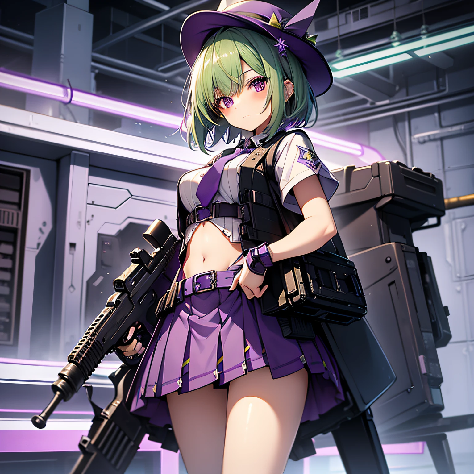 top-quality、extremely delicate and beautiful、(A teenage girl)、Purple Eye、Green hair、short-haired、(Purple pointy hat)、Purple tie、Soio、shortsleeves、Purple skirt、Navel,Tactical Vest、shortsleeves、Purple skirt、((Holding a submachine gun in both hands))、Midnight background、is standing