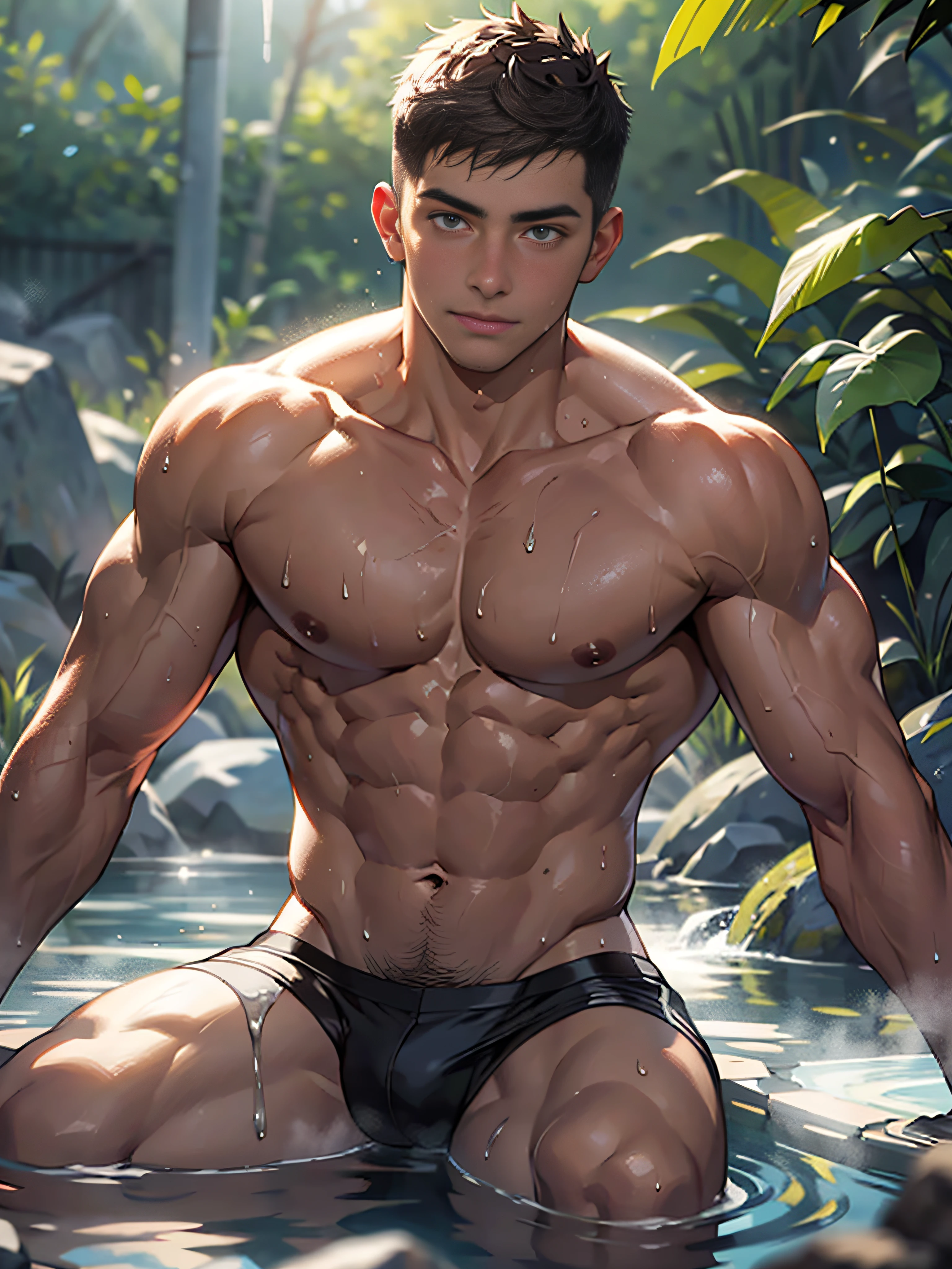 (masterpiece, best quality), 1man, muscular, bright colors, (depth of field: 1.2), sunlight, bright, high exposure, 1boy, male focus, solo, male high school, dark skin, , full, muscular, handsome, outdoors, bathing with steam, hot spring, hot spring, sweat, look at the audience, depth of field, bokeh, detailed background, detailed lighting, diffuse natural sunlight, diffuse natural skin shine, symmetrical eyes