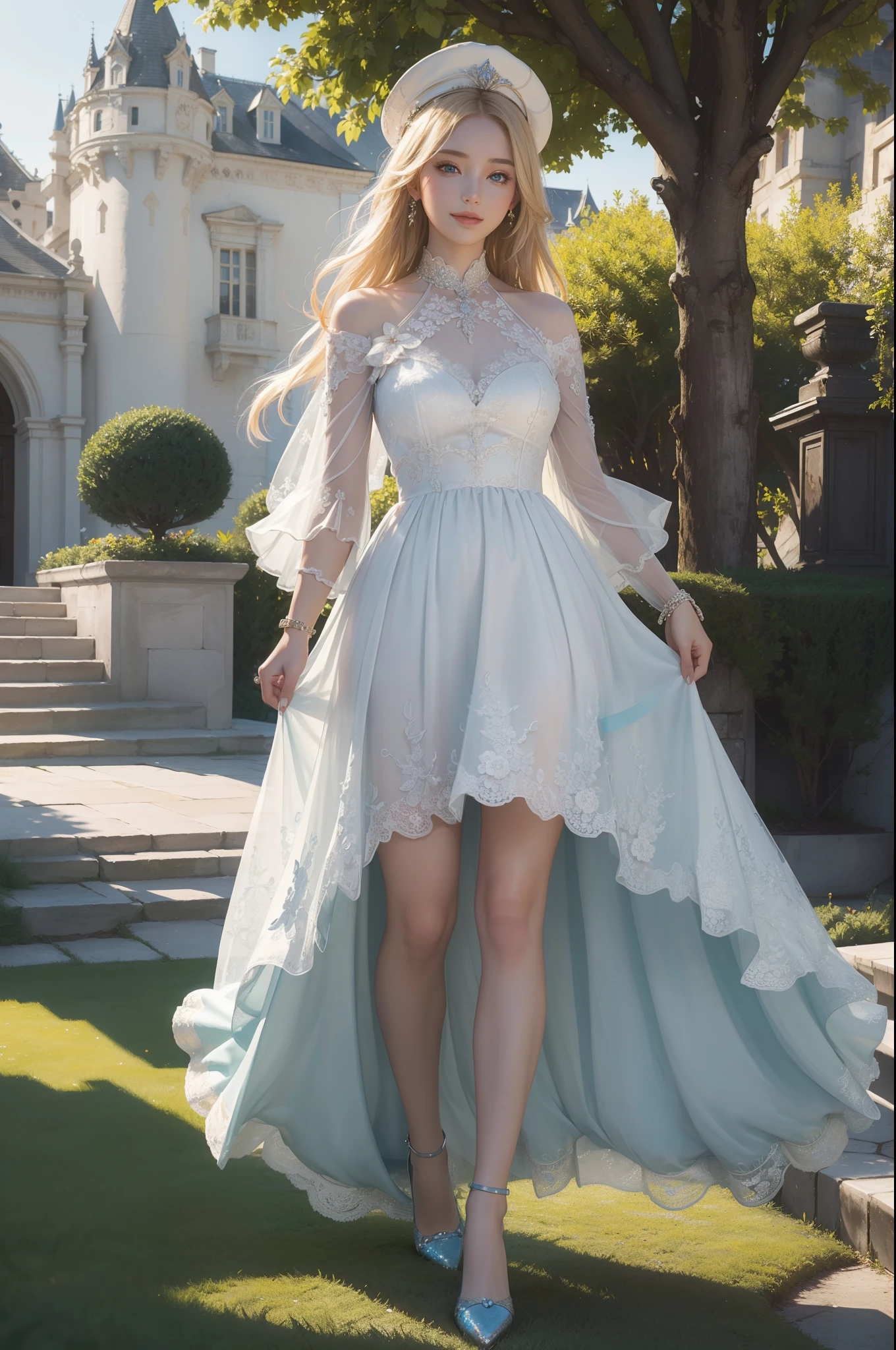 ((top-quality、masterpiece、photographrealistic:1.4、in 8K))、Beautuful Women、18year old、Beautiful expression、a blond、extremely detailed eye and face、beatiful detailed eyes、(Colorful luxury dresses、Princess)、Luxury hats、Luxury accessories、(Stroll through the landscaped gardens。European style castle in the background)、Glass shoes、Cinematic lighting、Textured skin、Super Detail、high detailing、High quality、hight resolution、Looking at Viewer、Elegant smile、Full body、europian、lots of flower