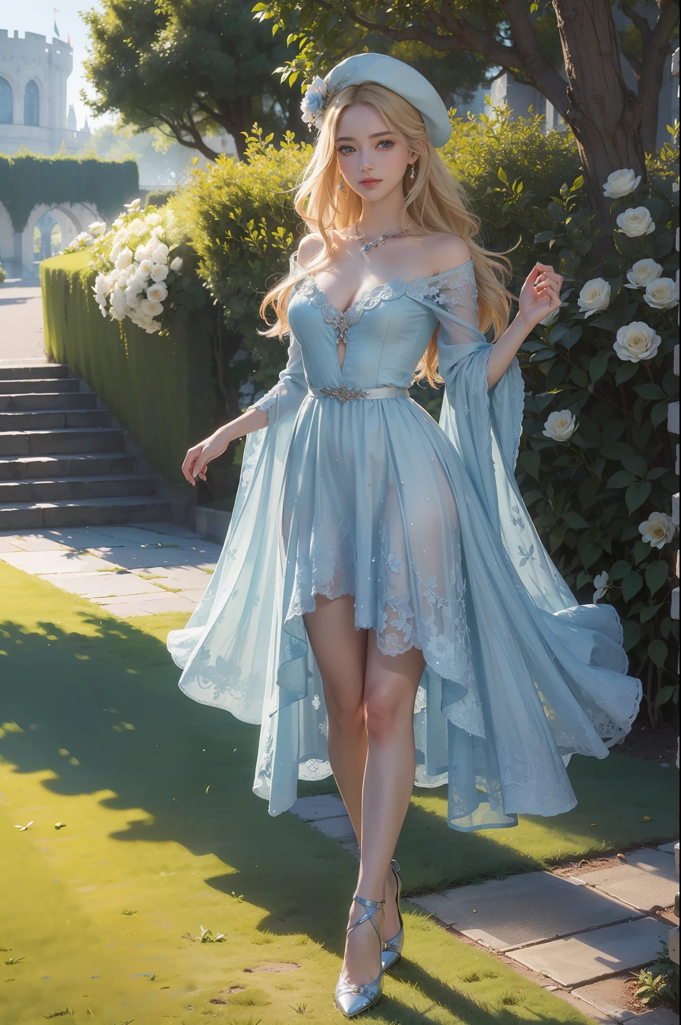 ((top-quality、masterpiece、photographrealistic:1.4、in 8K))、Beautuful Women、18year old、Beautiful expression、a blond、extremely detailed eye and face、beatiful detailed eyes、(Colorful luxury dresses、Princess)、Luxury hats、Luxury accessories、(Stroll through the landscaped gardens。European style castle in the background)、Glass shoes、Cinematic lighting、Textured skin、Super Detail、high detailing、High quality、hight resolution、Looking at Viewer、Elegant smile、Full body、europian、lots of flower