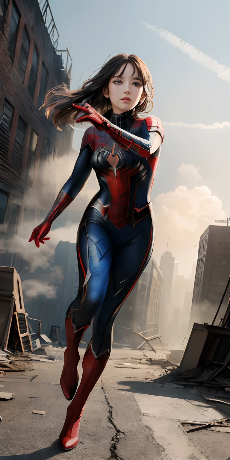 Scarlett Johansson, beauty, Spider-Man tights, full body shot, prominent figure, standing on the edge of a skyscraper, photo (Masterpiece) (Best quality) (detail) (8K) (HD) (Wallpaper) (Cinematic lighting) (Sharp Focus) (Intricate)