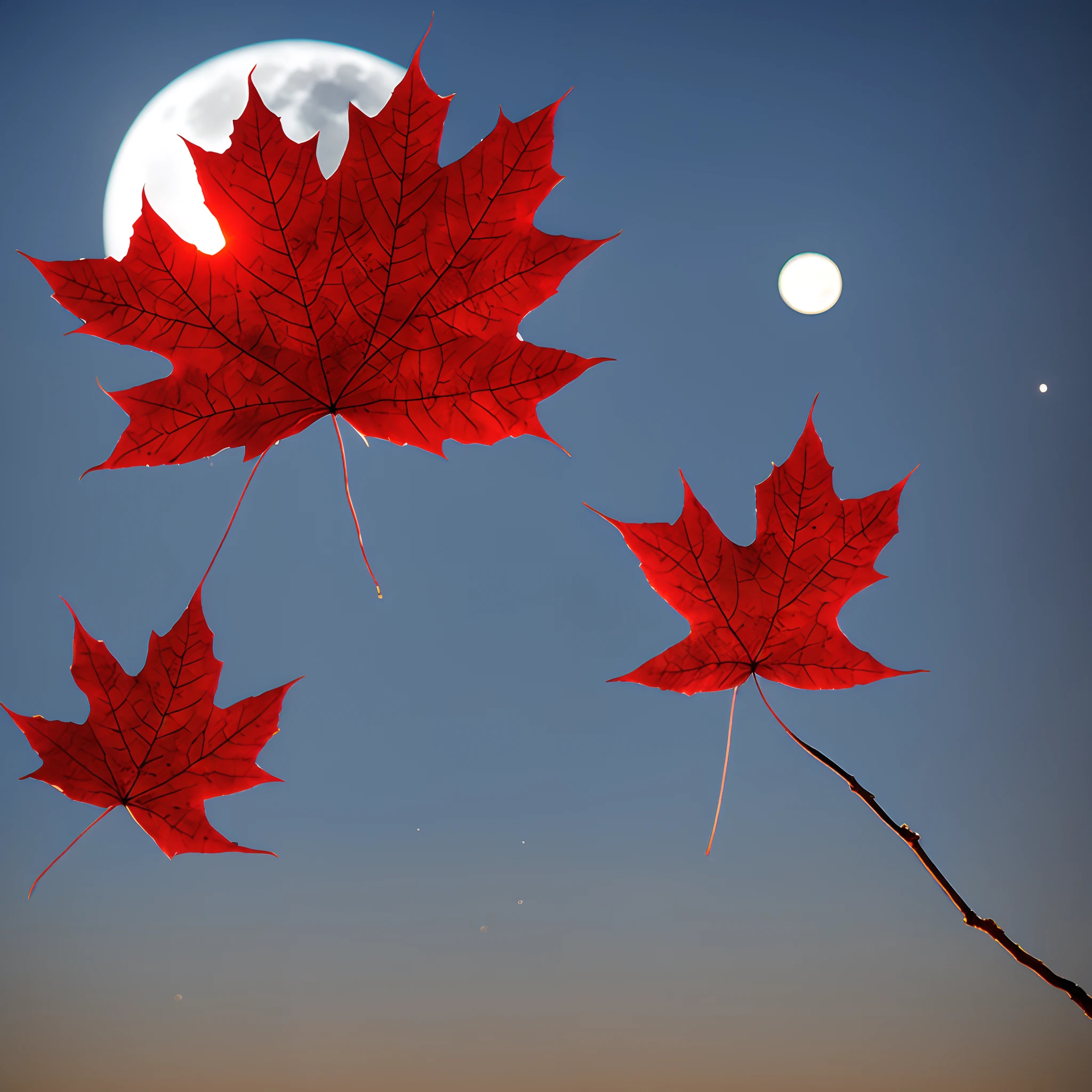 the night,Red maple leaf,a moon,zoomed,k hd,Occlusion