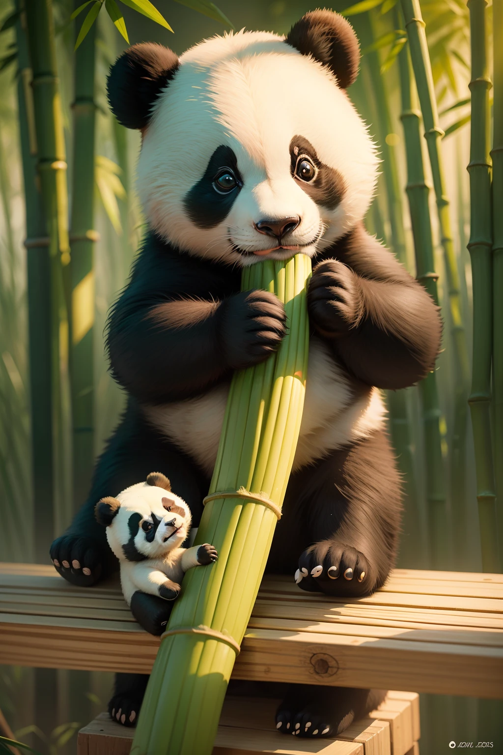 The panda eating bamboo three are cute