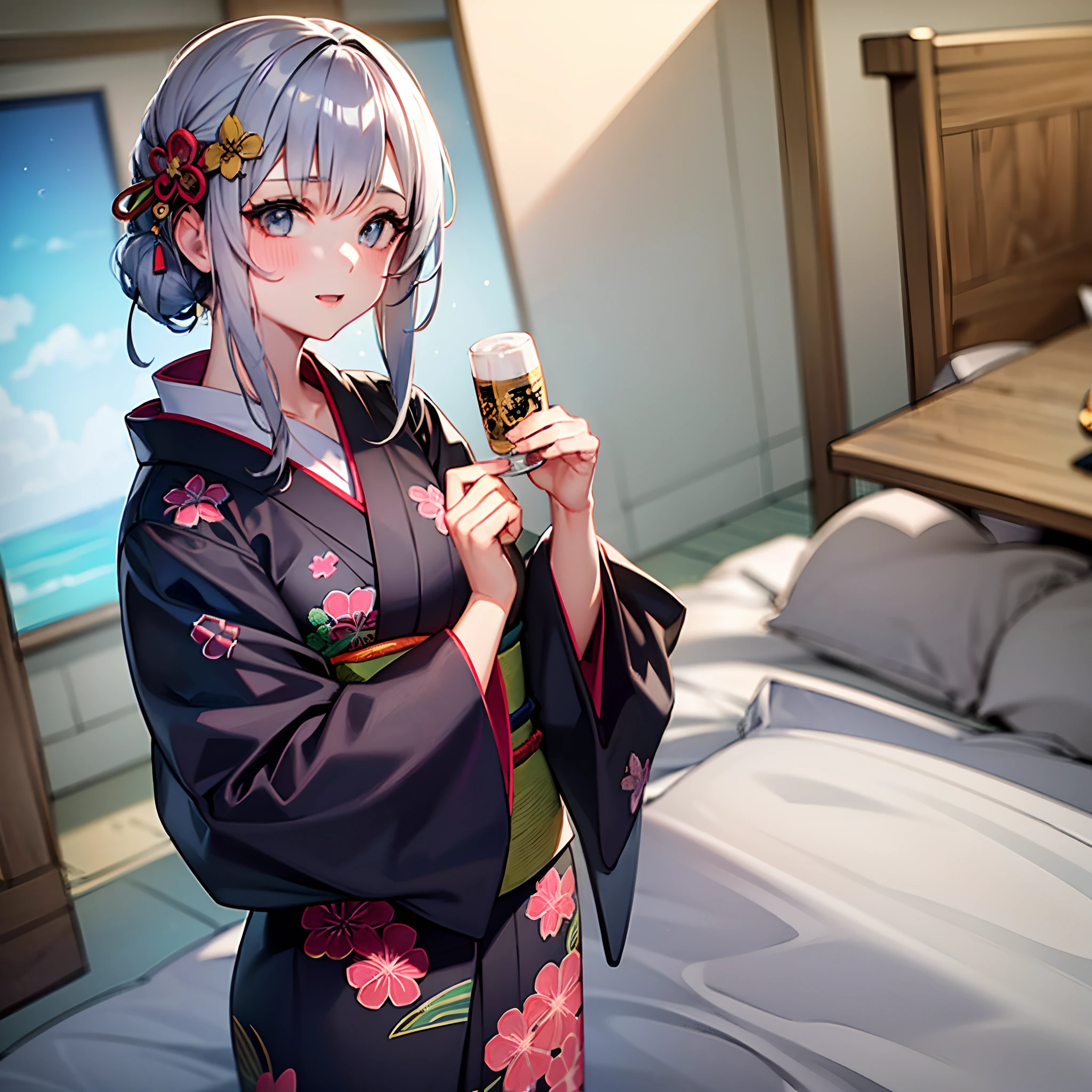 A girl in a stylishly printed traditional kimono, close-up.