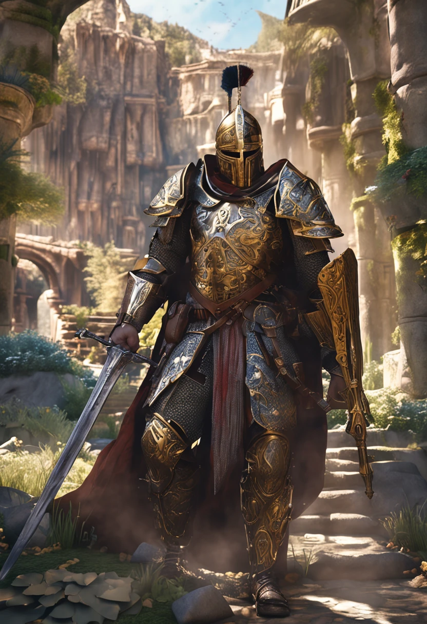 ((best qualityer, profesional lighting, 8K, animification)) 1 persons, Pan, heavily armored, Gold and black armor, big sword, detailed sword, Medieval castle view, without helmet, detailed landscape, Detailed armor, splendor,