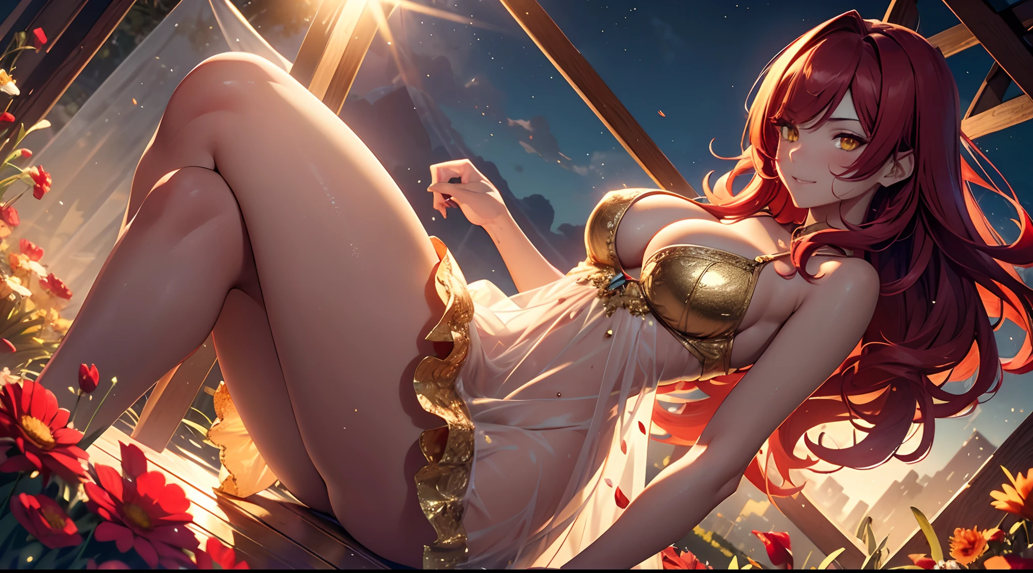 (Masterpiece), (extreme details), (illustration), full body, Succube, (Succubus tanned skin in short summer dress in light and semi-transparent fabric), (Dancing on a field of flowers on a windy day), Slightly transparent white nightdress, debout entre les fleures, Regarder le spectateur, sourire affectueux, Gold ring, Very sexy body, scarlet red hair, messy hair, golden yellow eyes, thick sexy figure, massive and huge breasts, cul rond juteux, moite, wet, ((High Details)), ((Best quality)), 8k, realism, Ray Tracing, reflection light, textured skin, Rendu CG3D, lighting cinematic,