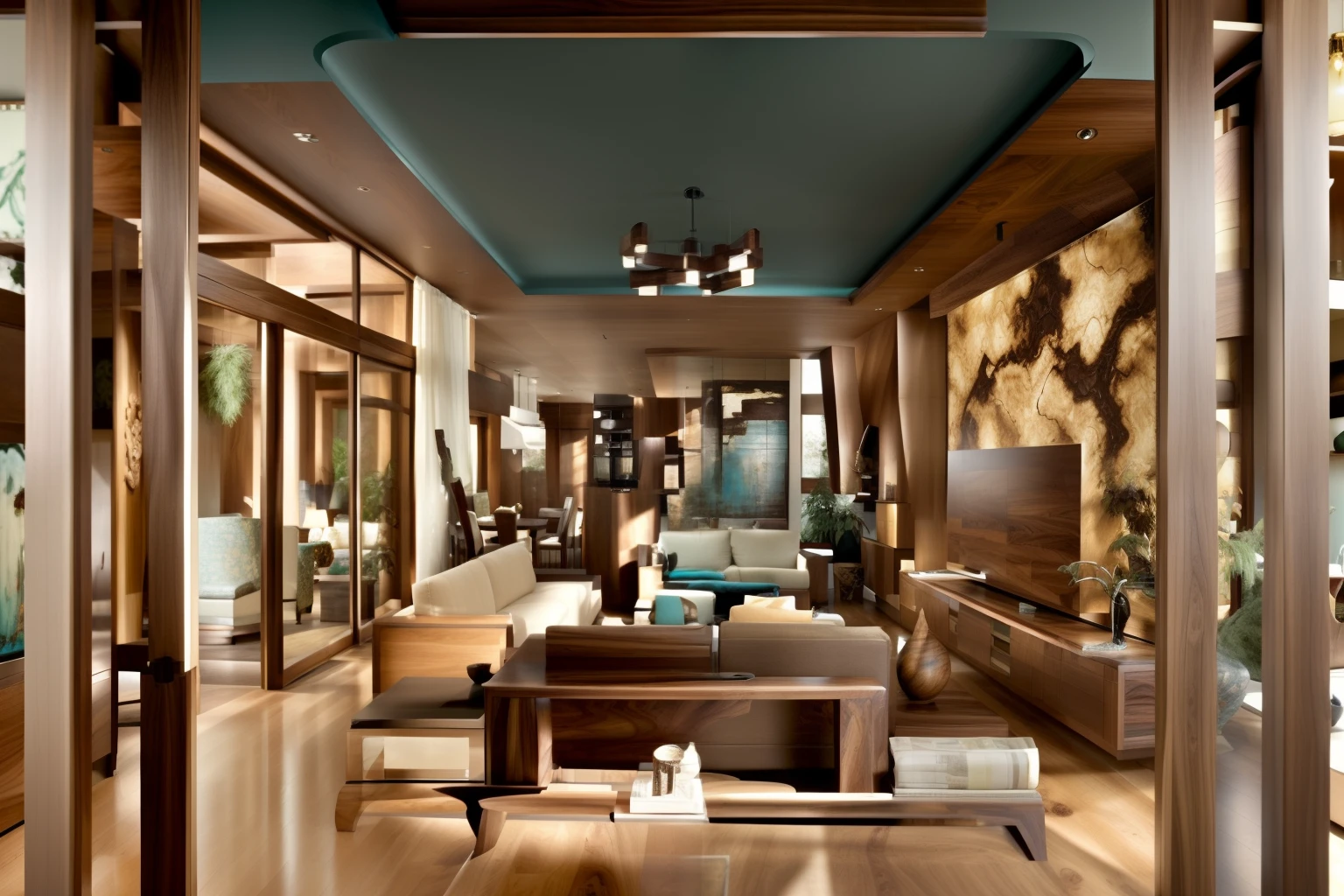 Contrasting, prominent, and impressive colors, Bold pastel colors, Good contrast lighting, Sophisticated teal color palette,Masterpiece, high quality, best quality, authentic, super detail, interior, Morning ambiance in the apartment, filled with abundant natural sunlight, The natural walnut wood interior style is a celebration of organic beauty. Rich, warm tones of walnut wood infuse spaces with a sense of earthy luxury. The intricate woodgrain patterns add depth and character, making each piece a work of art. Furniture and decor are carefully selected to highlight the natural beauty of walnut. Cabinets, tables, and flooring exude a refined rusticity, offering both aesthetic appeal and durability. The wood's innate strength ensures that these pieces become enduring staples in the design. Lighting plays a crucial role in accentuating the allure of walnut. Pendant lights emit a warm and inviting glow that dances off the wood's surface, emphasizing its intricate textures. Large windows invite natural light, enhancing the authenticity of the wood's colors and patterns. The natural walnut wood interior style is an embodiment of sophisticated simplicity. It marries the elegance of natural materials with timeless design, creating spaces that exude both comfort and refinement. With its harmonious blend of aesthetics and functionality, this style transforms interiors into sanctuaries of organic allure.