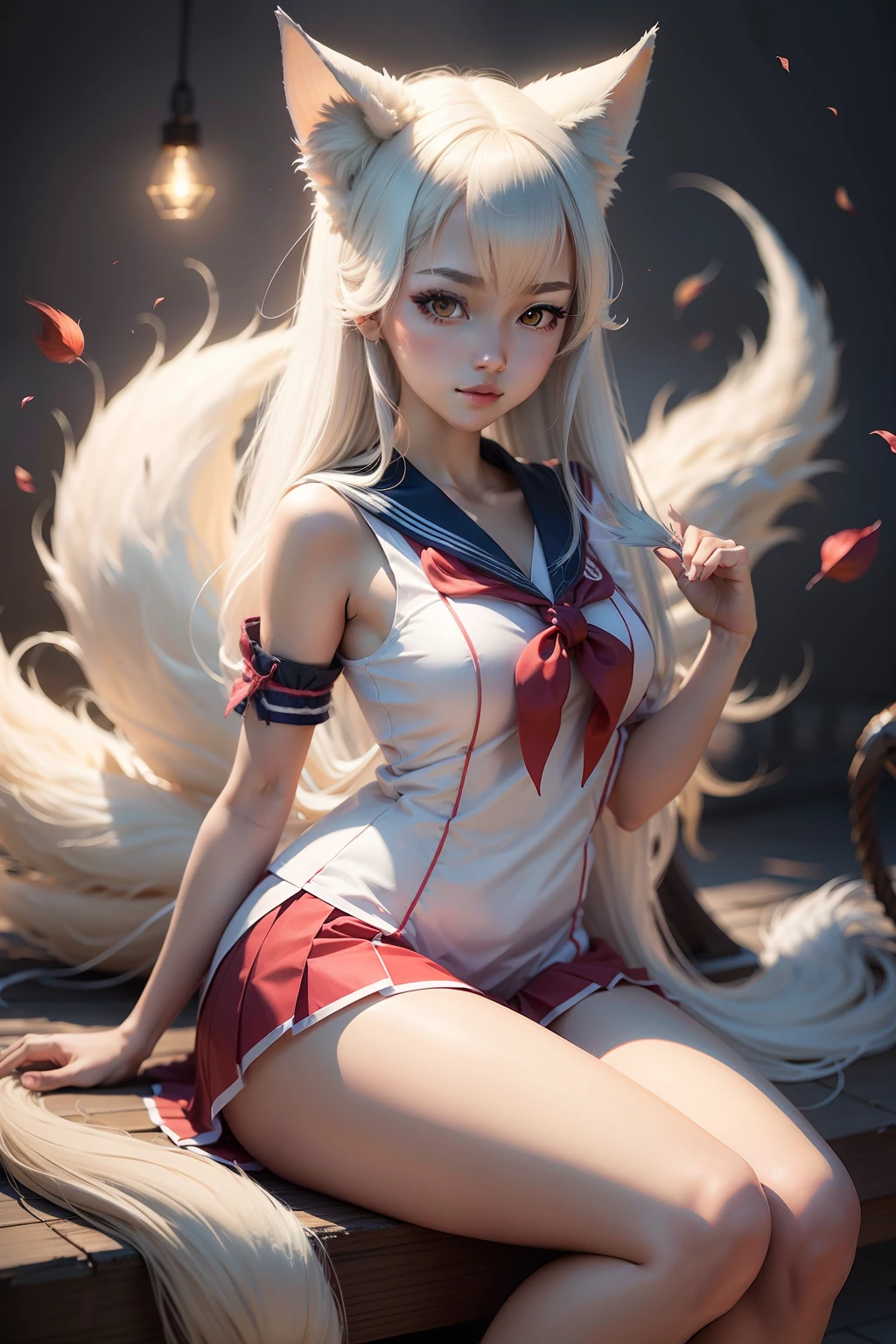 Nine-tailed Spirit Fox Sailor suit Beautiful Girl masterpiece