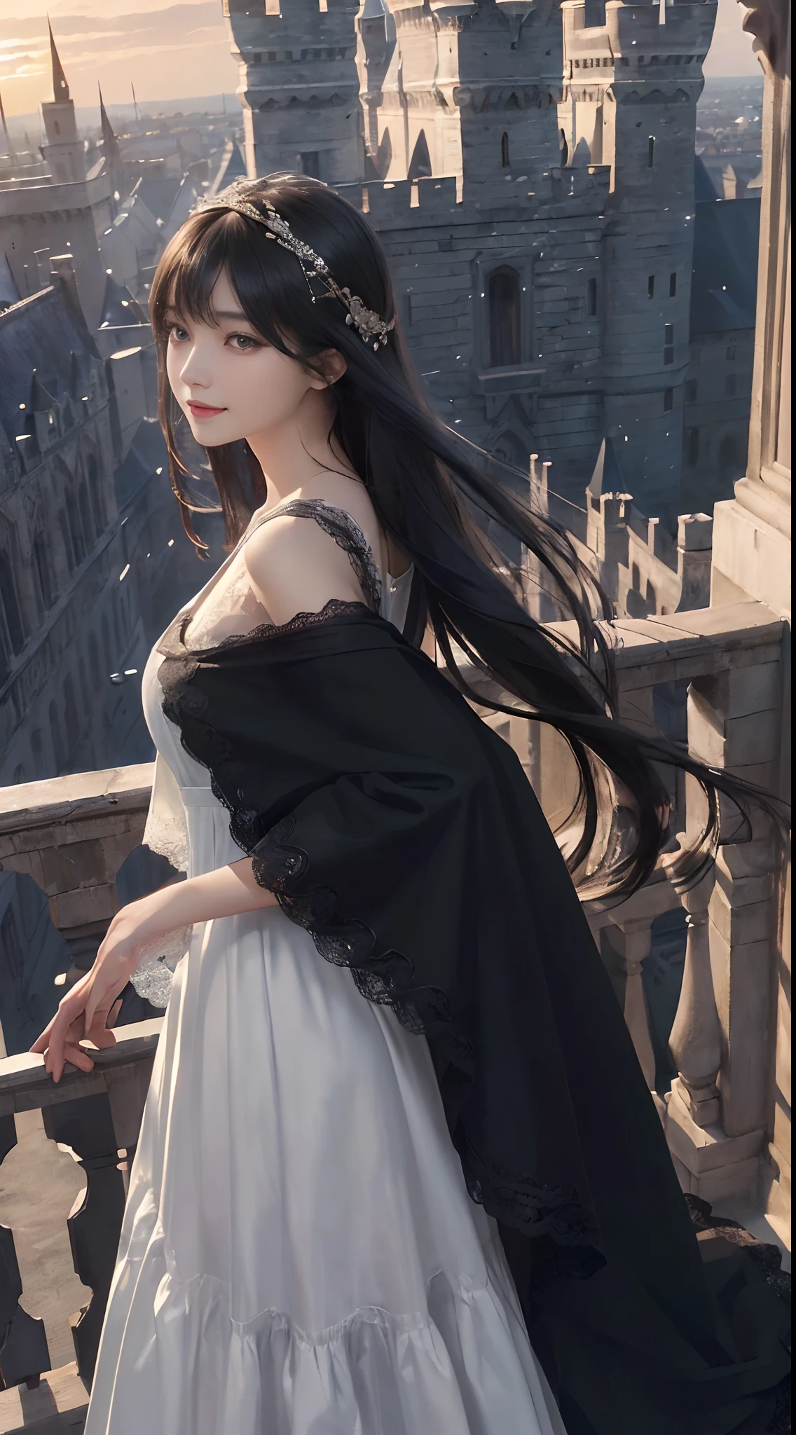 (ultra-realistic realism)、(illustratio)、(A high resolution)、(8K)、(The is very detailed)、(Best Illustration)、(Beautifully detailed eyes)、(top-quality)、(ultra - detailed)、(tmasterpiece)、(the wallpaper)、(A detailed face)、独奏、1 girl in、looking at viewert、finedetail、A detailed face、in the darkness nigth、deep shading、low tune、pureerosfaceace_V1、A smile、Long、Black shawl straight hair、46-point diagonal bangs, (White lace dress、long skirt)(cropped shoulders)((Woman standing on the balcony of the castle))