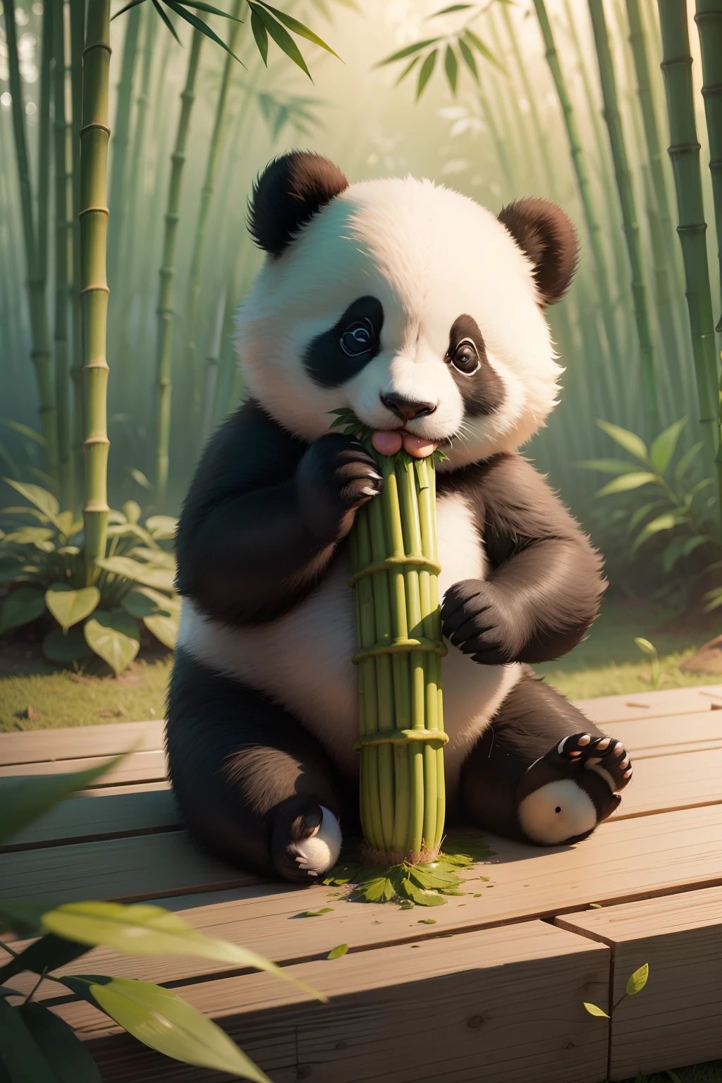 The panda eating bamboo three are cute