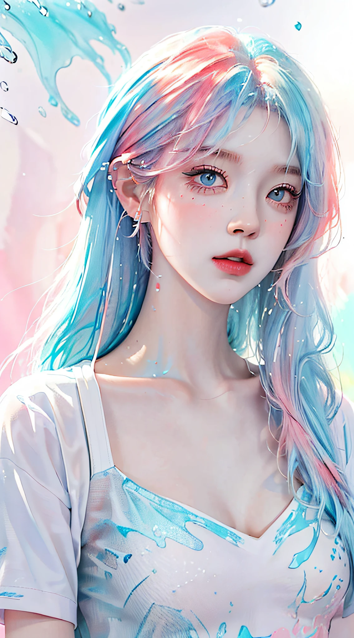 (Masterpiece, Best Quality, High Resolution), White Background, Acrylic Paint, ((Color Splash, Splash of Ink, Color Splash)), Sweet Chinese Girl, Long Light Blue Hair, [Light Blue|Pink] Hair, Curly Hair, Glitter, Peach Lips, White Shirt, Front, Upper Body