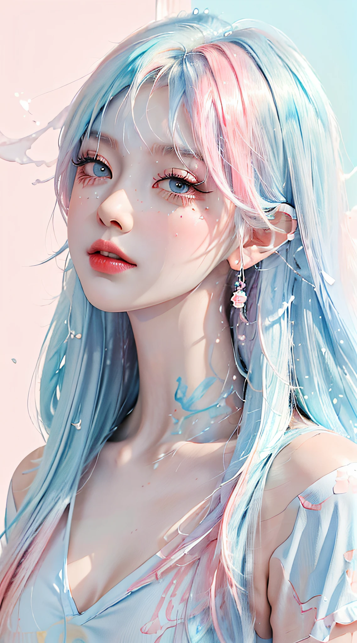 (Masterpiece, Best Quality, High Resolution), White Background, Acrylic Paint, ((Color Splash, Splash of Ink, Color Splash)), Sweet Chinese Girl, Long Light Blue Hair, [Light Blue|Pink] Hair, Curly Hair, Glitter, Peach Lips, White Shirt, Front, Upper Body