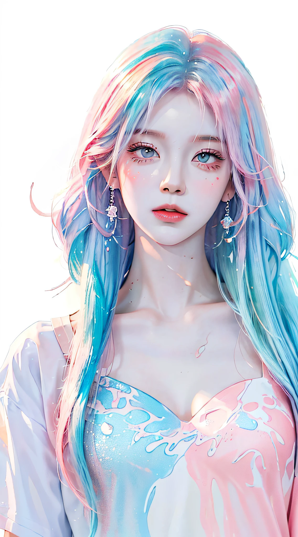 (Pink Fashion T-shirt:1.9),(Colorful hair: 1.8), (all the colours of the rainbow: 1.8),(((((vertical painting:1.6))), (painting:1.6),front, comics, illustrations, paintings, large eyes, crystal clear eyes,( rainbow color gradient high ponytail:1.7), exquisite makeup, closed mouth,(Small Fresh: 1.5),(Wipe Chest: 1.6) ,long eyelashes, white off shoulder T-shirt, White Shoulder Shirt,looking at the audience, large watery eyes, (rainbow colored hair:1.6), color splash, (solo:1.8), color splash, color explosion, thick paint style, messy lines, ((shining)),(colorful), (colorful), (colorful), colorful, Thick Paint Style, (Splash) (Color Splash), Vertical Painting, Upper Body, Paint Splash, Acrylic Pigment, Gradient, Paint, Highest Image Quality, Highest Quality, Masterpiece, Solo, Depth of Field, Face Paint, colorful clothes, (Elegant: 1.2), gorgeous,long hair, wind, (Elegant: 1.3), (Petals: 1.4),(((masterpiece))),(((best quality))),((ultra-detailed)),(illustration),(dynamic angle),((floating)),(paint),((disheveled hair)),(solo),(1girl) , (((detailed anima face))),((beautiful detailed face)),collar,bare shoulders,white hair, ((colorful hair)),((streaked hair)),beautiful detailed eyes,(Gradient color eyes),(((colorful eyes))),(((colorful background))),(((high saturation))),(((surrounded by colorful splashes))),