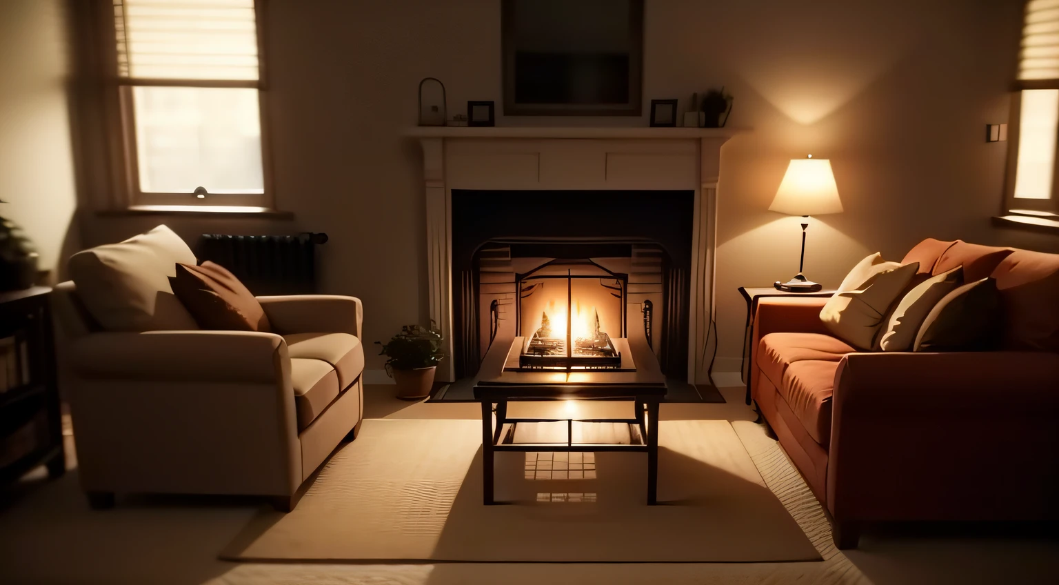 Blurry image of living room with fireplace and two chairs, Dimly lit bedroom, Dimly lit room, cozy home background, dimly light room, dimly lit interior room, personal room background, dimly lit bedroom, low light room, bedroom background, cosy atmoshpere, , Warm ambient lighting, Warm ambient light, cozy environment, Silent lighting