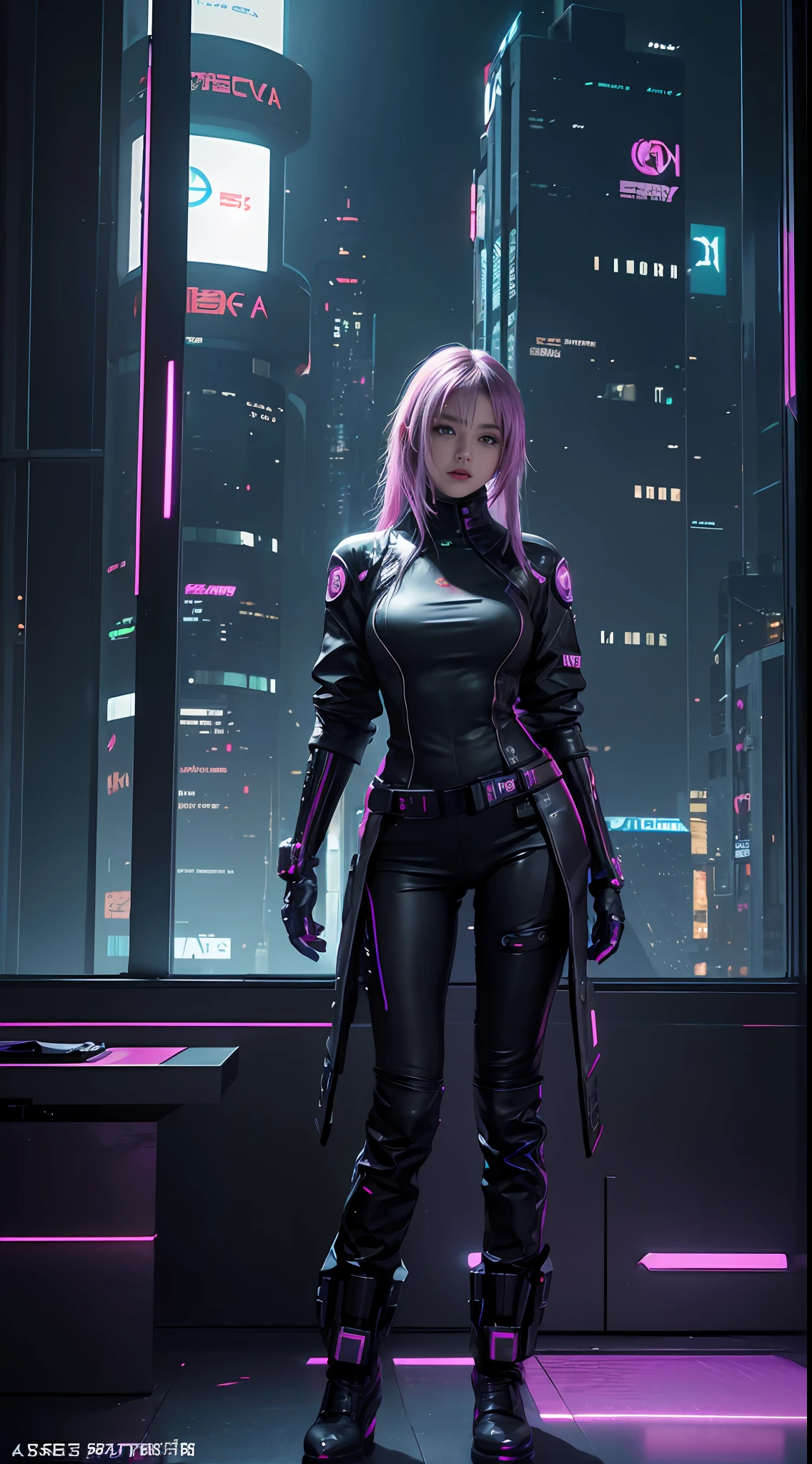 Best image quality, Masterpiece, Ultra-high resolution, (Fidelity:1.4), Photo, Movie, ((cyber punk perssonage)), cyber outfit, Futuristic, ((Award-winning ultra-realistic photos)),(Hyper-detailing),(Complicated details),(High resolution CGI artwork 8k),a girl in,Futuristic cyberpunk living room/Bedrooms/kitchens/terrazzo,Detailed cyberpunk cityscape。Futuristic style,There are many colors and LED lights。The cityscape should be very detailed,depth of fields。Create depth with atmospheric lighting,Wide-angle lens showing rooms and windows。Use atmospheric and volumetric lighting to enhance cityscape detail。The room should be illuminated by the neon lights of the cityscape, Pastel textured colored background, Colourful, vibrant