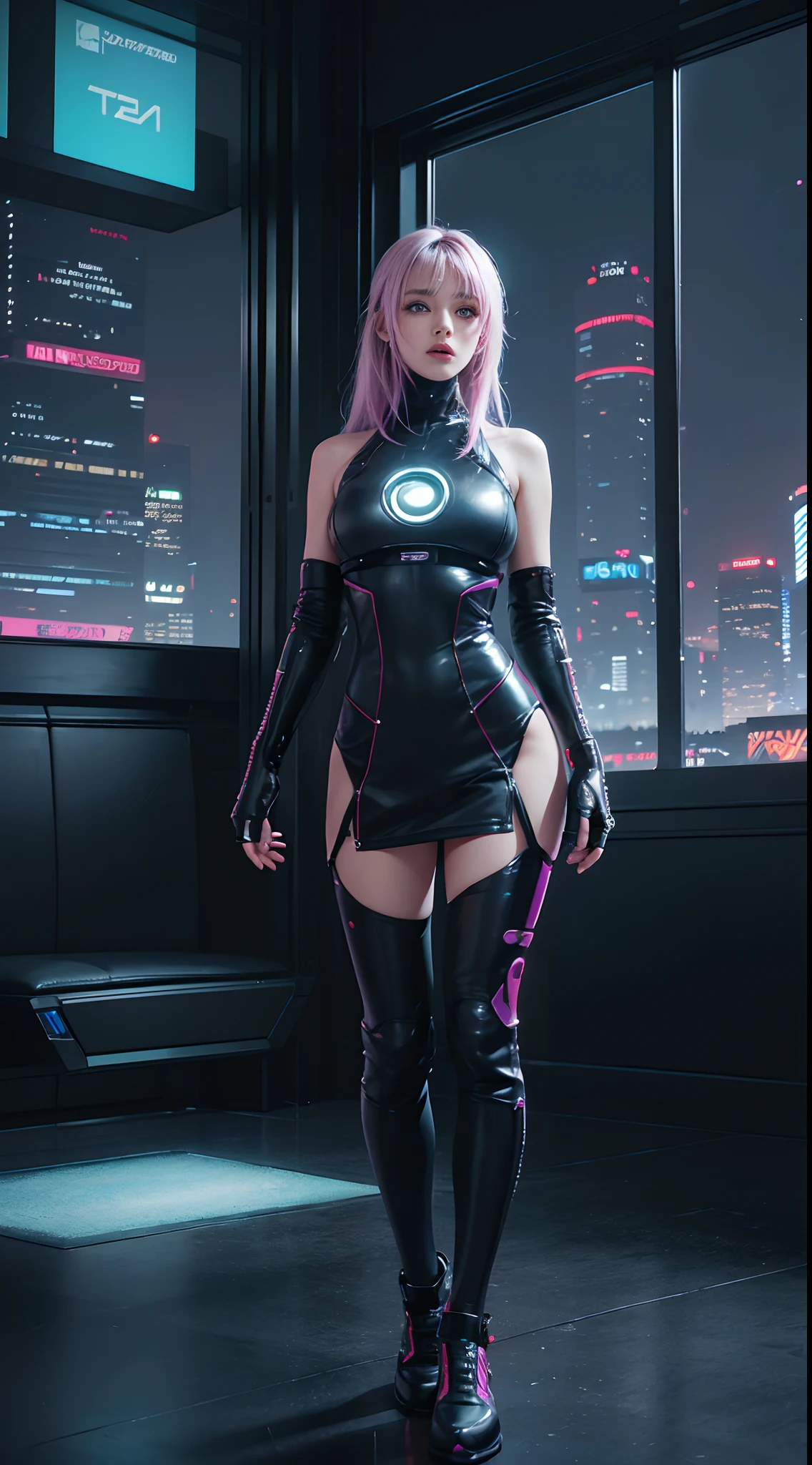 A girl with pulsating energy, colorful neon lights illuminating her surroundings, standing in a vibrant cityscape. She is wearing a futuristic outfit, her clothing reflecting and shimmering with every move. Her eyes are mesmerizing, with a hint of glowing light, reflecting her inner power. Her lips are beautifully detailed, vibrant with a shade of electric pink. She is surrounded by a pulsating aura of energy, emanating from her body in colorful waves. The city skyline behind her is filled with towering buildings, adorned with vibrant digital billboards displaying futuristic advertisements. The streets below are bustling with life, filled with people and futuristic vehicles. The colors of the scene are vivid and vibrant, with a mix of neon and bright hues. The lighting of the scene is dynamic, with rays of light piercing through the cityscape, creating a captivating atmosphere. The overall image is of the highest quality, with ultra-detailed rendering, sharp focus, vivid colors, and a touch of bokeh to enhance the visual depth. The style of the artwork is a fusion of sci-fi and anime, with a touch of cyberpunk aesthetic. The color tone is a mix of vibrant neon and cool blues, creating a visually striking and energetic composition.((whole body, including legs)),((Standing)),(open thighs),