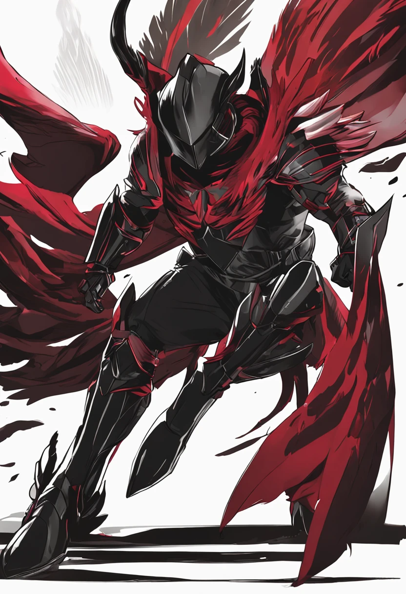 Black armor，Dark red cape，red color eyes，Helmet with long feathers