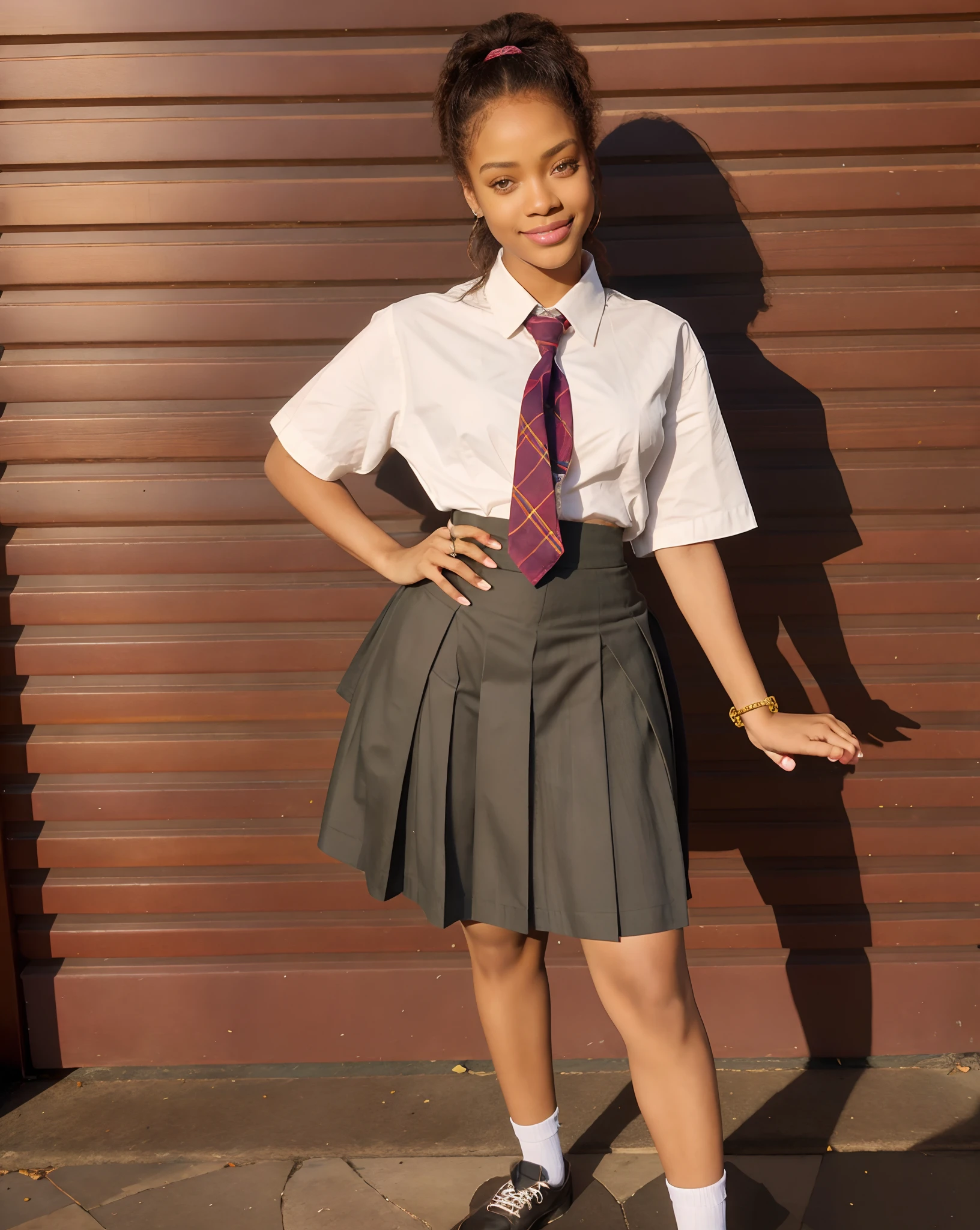 there is a woman in a skirt and shirt posing for a picture, wearing school uniform, wearing a school uniform, school uniform, school girl, girl wearing uniform, 1 6 years old, of a schoolgirl posing, dressed as schoolgirl, wearing a skirt, teenage female schoolgirl, wearing skirt, magical school student uniform, mid morning lighting, cute schoolgirl, best quality, photorealistic, 8K raw, masterpiece, caramel skin, rihanna, lori harvey, highly detailed eyes, textured skin, highly detailed lips, smiling, cheerful, happy