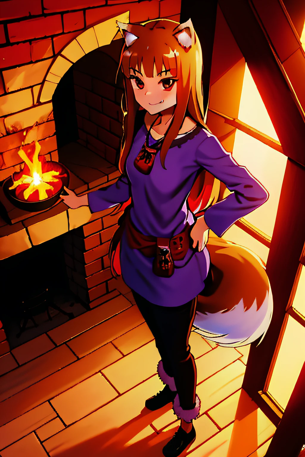 absurdres, best quality, masterpiece, novel illustration,(spice and wolf), (((holo))), (spicytail), (koume keito:1), (ayakura juu:1), (kawakami rokkaku:1), looking at viewer, wolf_ears, wolf_girl, wolf_tail, holo, animal_ears, 1girl, long_hair, brown_hair, purple_shirt, solo, pouch, fang, smile, red_eyes, smile, standing, looking at viewer, brick_wall, fireplace, window, farm in the background, standing, hands on hip