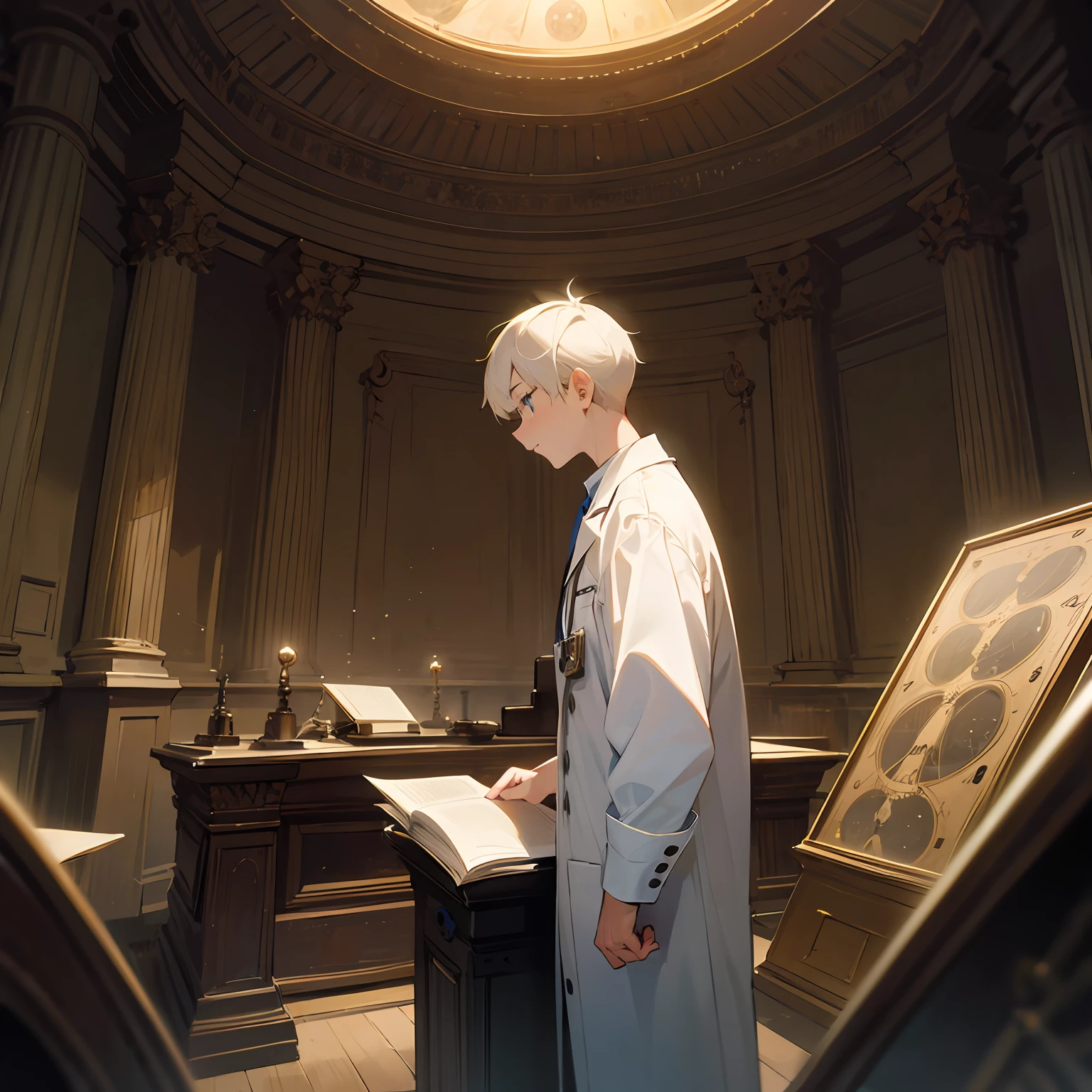 One man, wearing scientific clothes, in a room with astronomical instruments