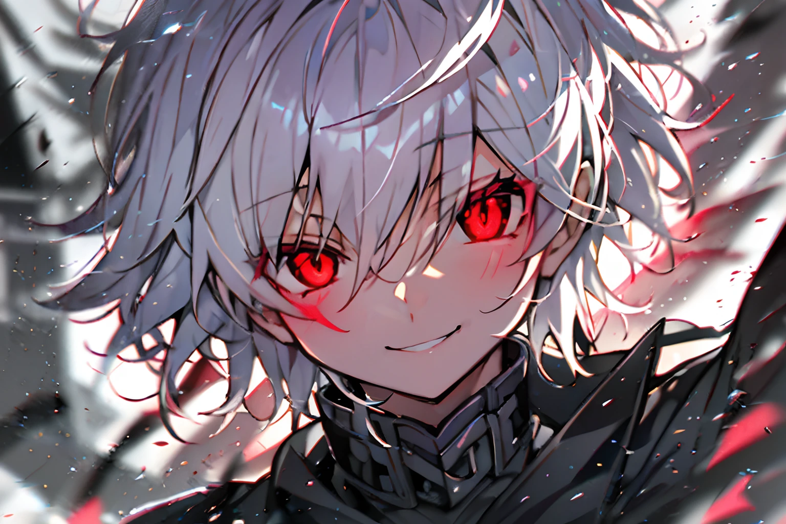 hight resolution,Anime boy with white hair and red eyes stares at camera, Glowing red eyes,slim, dressed in a black outfit,Shadow Body,monochromes,hair messy,Aggressive smile,Diagonal angle