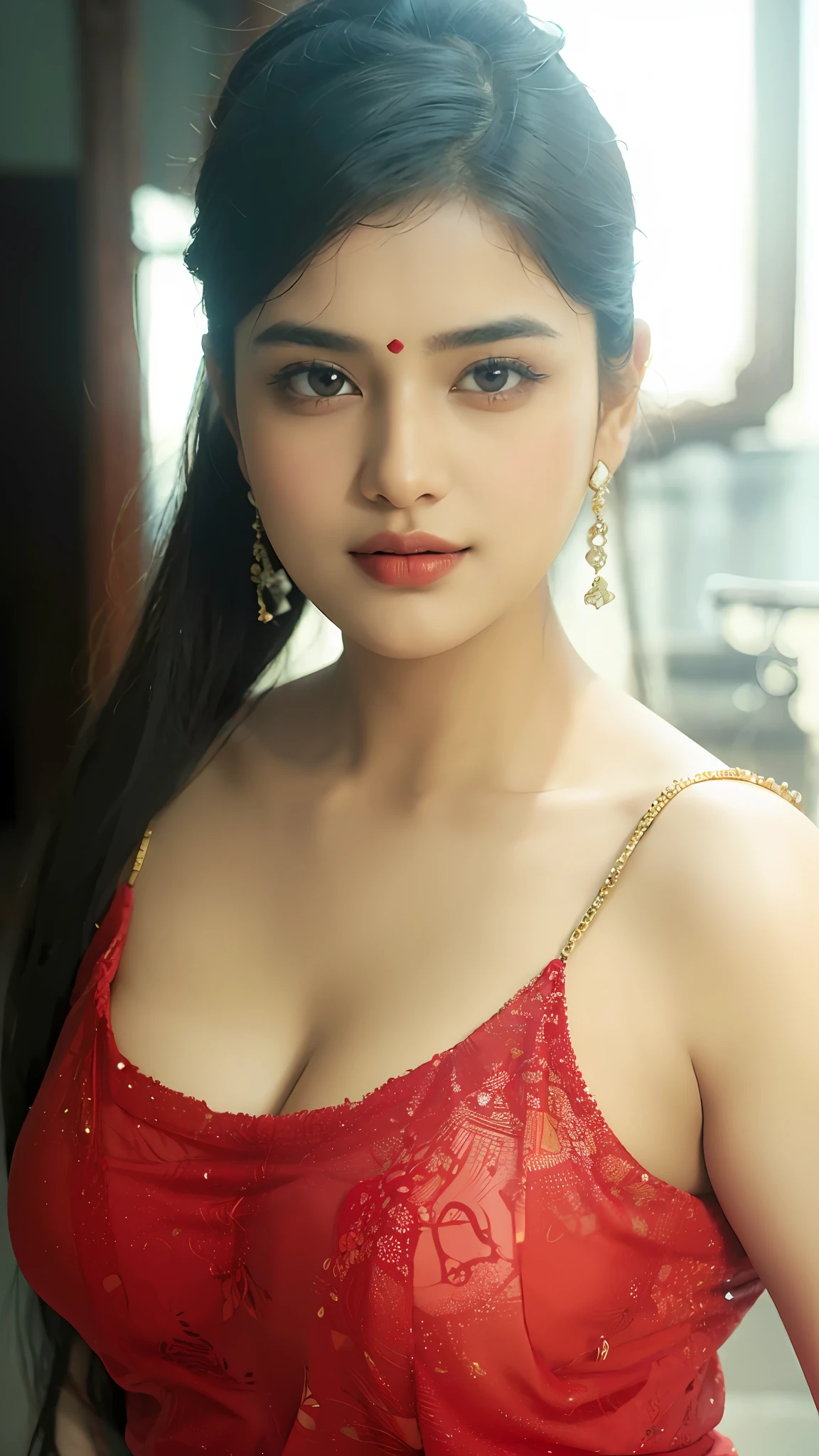 Indian busty gorgeously prettiest lady((beautiful face, beautiful nose, beautiful eyes, beautiful lips, beautiful navel, large breasts,)) wearing saree. She is opening her blouse buttons, her huge breasts Coming out of her blouse but she is very shy. She is giving intimate look. Her she is showcasing her deep cleavage by (bending forward:1.5). Real skin texture. She is real Indian housewife, Full body photo, full picture.