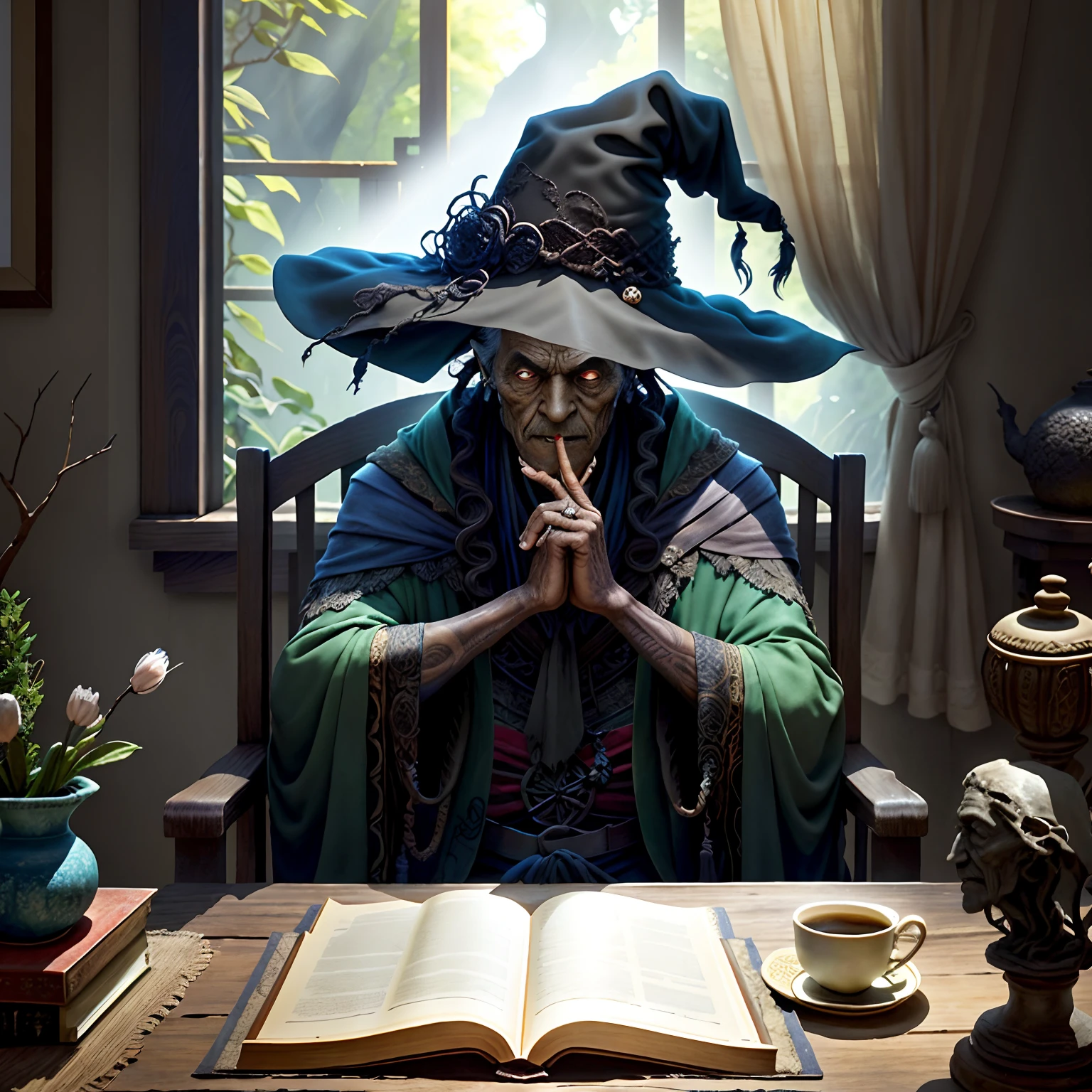 The Kadilau chair looks ancient and mysterious in the background,An old witch sat on it,Draped in a shabby black cape,Holding a noble Sonest crow。The witch's face was marked by deep wrinkles and an eerie smile,The eyes reveal an elusive mystery,On his outstretched finger is a very beautiful black ring。In the background,The stone walls are almost hidden in shadow,Only a little sunlight pours through the small window,It creates a mysterious and unsettling atmosphere。