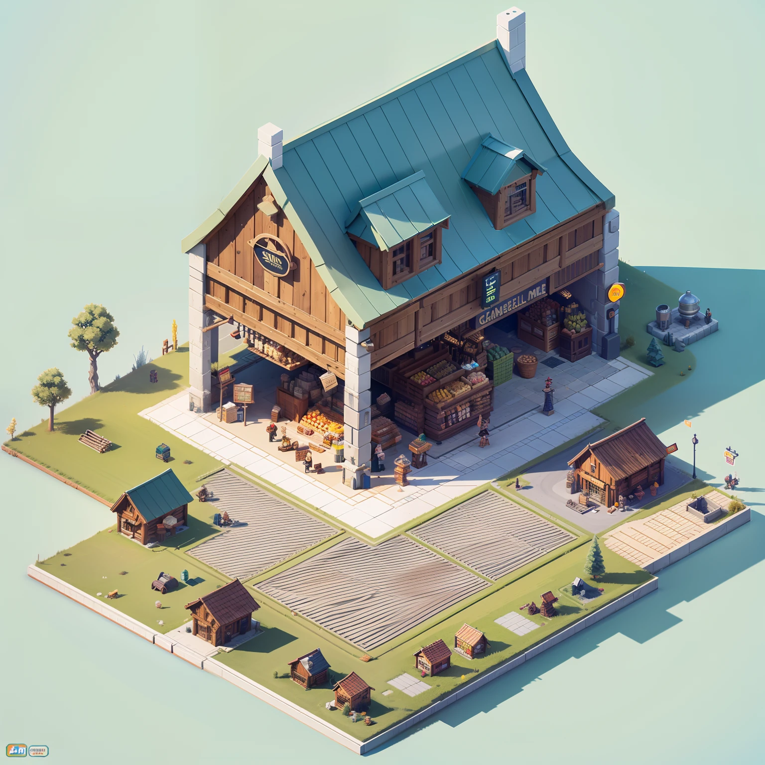 Pixel game scenes，Isometric architecture，Grocery store，OC renderer，super-fine，Detailed portrayal，Accurate，8k，