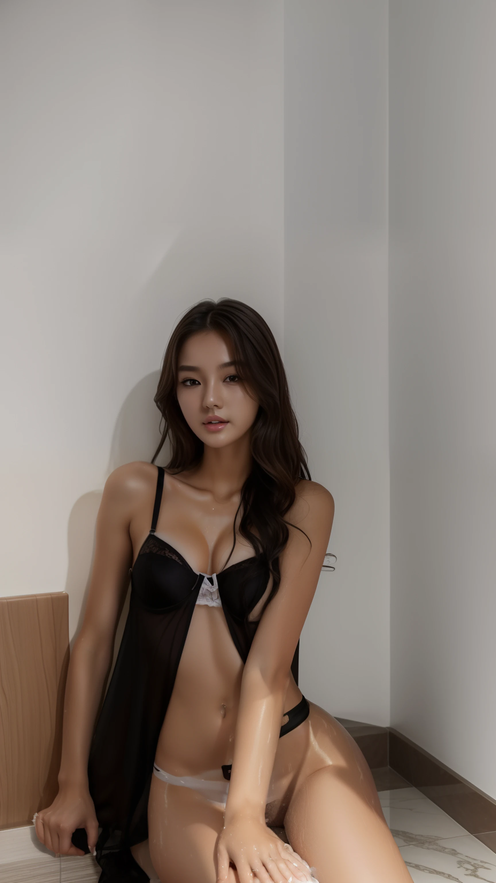 ((Top Quality, 16k, Masterpiece: 1.3)), Beautiful Women with Perfect Figure: 1.4, Slender Abs: 1.0, (((Long Wavy Hair)), ((Small: 1.4)), ((Kpop Idol: 1.3)), (Shower Water)), ((Lingerie 1.5)), (Bathroom)), Highly Detailed Face and Skin Texture (White, Pose)), (Seductive)))), (( Drenched body)), Sexy and Natural Bright Eyes, Sexy lips, white skins