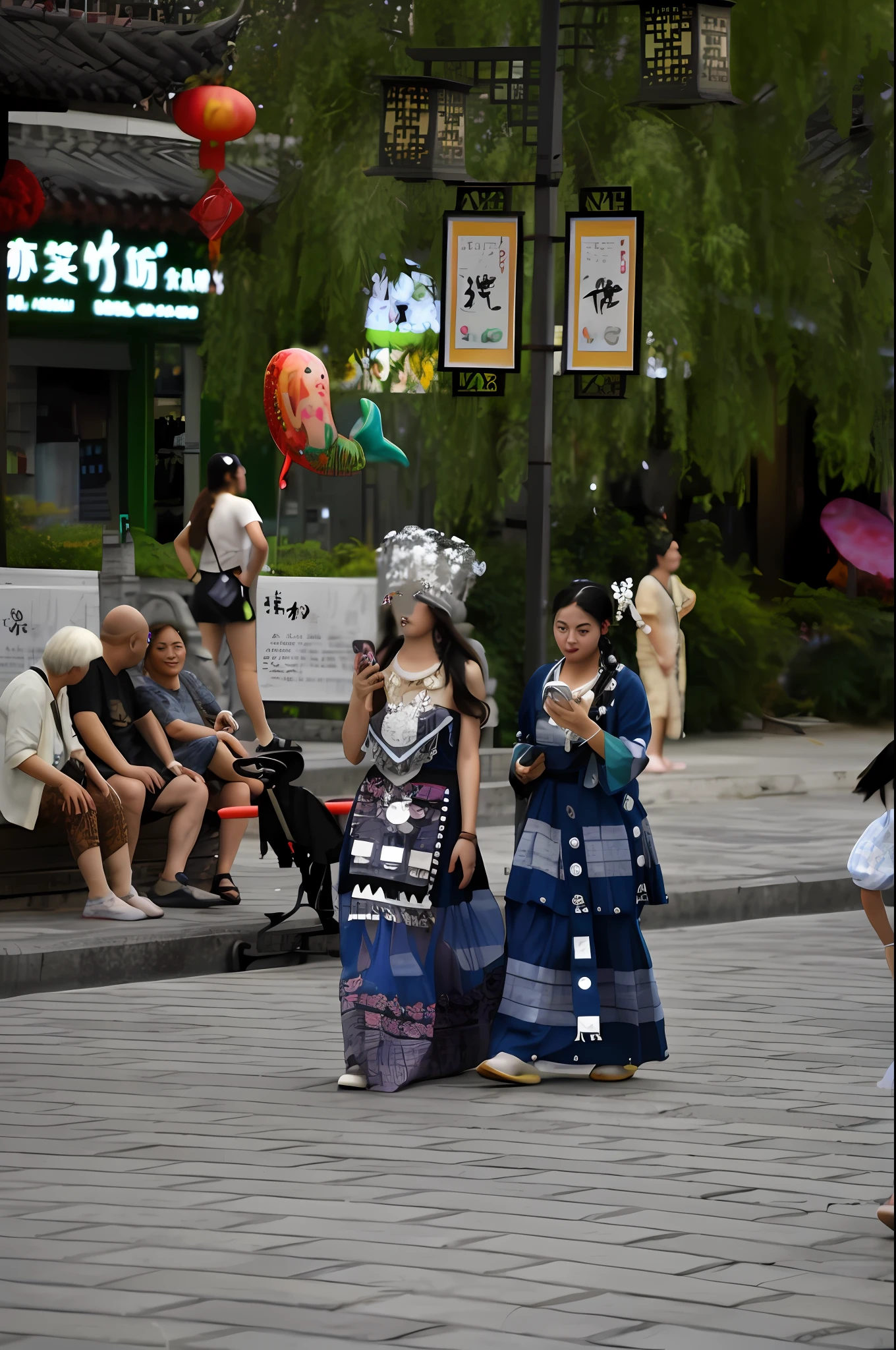 People walk the streets in traditional Chinese costumes, Traditional Chinese clothing, traditional tai costume, clothed in ancient street wear, Chinese costume, in a city square, traditional garb, Traditional clothing, traditionalcostumes, Wearing ancient Chinese clothes, Chinese woman, with acient chinese clothes, Chinese tradition, traditionalcostumes, Chinese traditional, wearing fancy clothes, Chinese style