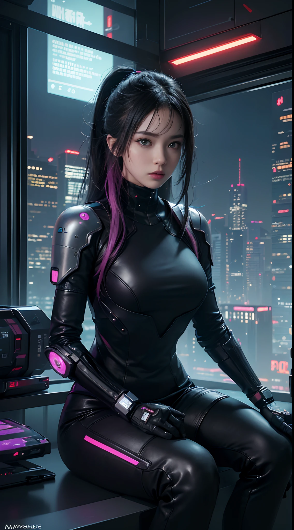 Best image quality, Masterpiece, Ultra-high resolution, (Fidelity:1.4), Photo, Movie, ((cyber punk perssonage)), cyber outfit, Futuristic, ((Award-winning ultra-realistic photos)),(Hyper-detailing),(Complicated details),(High resolution CGI artwork 8k),a girl in,Futuristic cyberpunk living room/Bedrooms/kitchens/terrazzo,Detailed cyberpunk cityscape。Futuristic style,There are many colors and LED lights。The cityscape should be very detailed,depth of fields。Create depth with atmospheric lighting,Wide-angle lens showing rooms and windows。Use atmospheric and volumetric lighting to enhance cityscape detail。The room should be illuminated by the neon lights of the cityscape, Pastel textured colored background, Colourful, vibrant