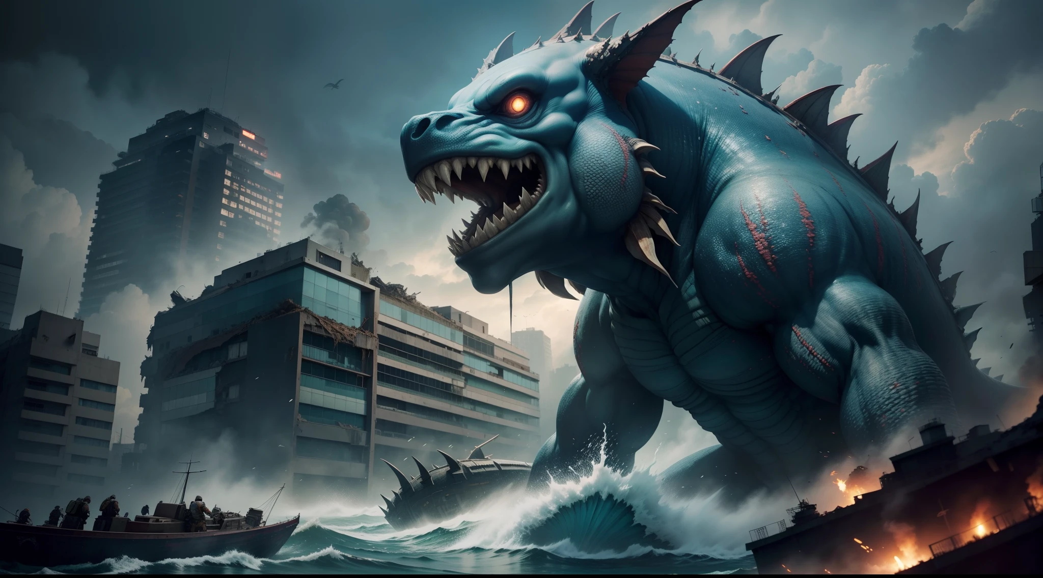Mutated sea creatures invade Japan, Landing in the city, Wanton destruction of buildings, Ruined streets, Monsters and armies fight, Very many fighters are attacking monsters, cinematic lighting, from side, panorama, Sony FE GM, UHD, masterpiece, ccurate, textured skin, super detail, high details, 16k, award winning, best quality
