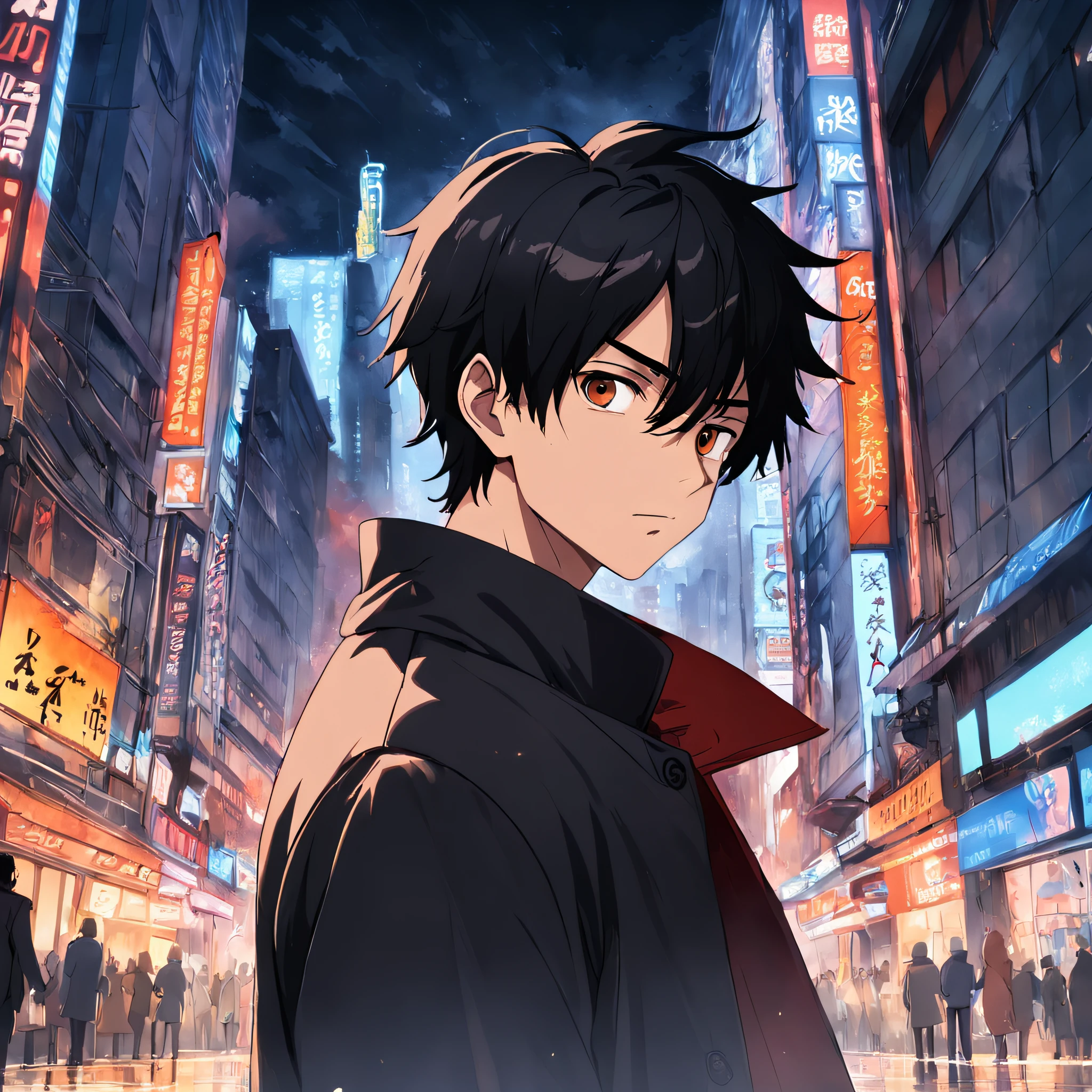 tmasterpiece，best qualtiy，cinematic Film still from， High definition，1boys，His black hair was a bit loose，Brown eyes，Black long-sleeved coat，，long trousers，，