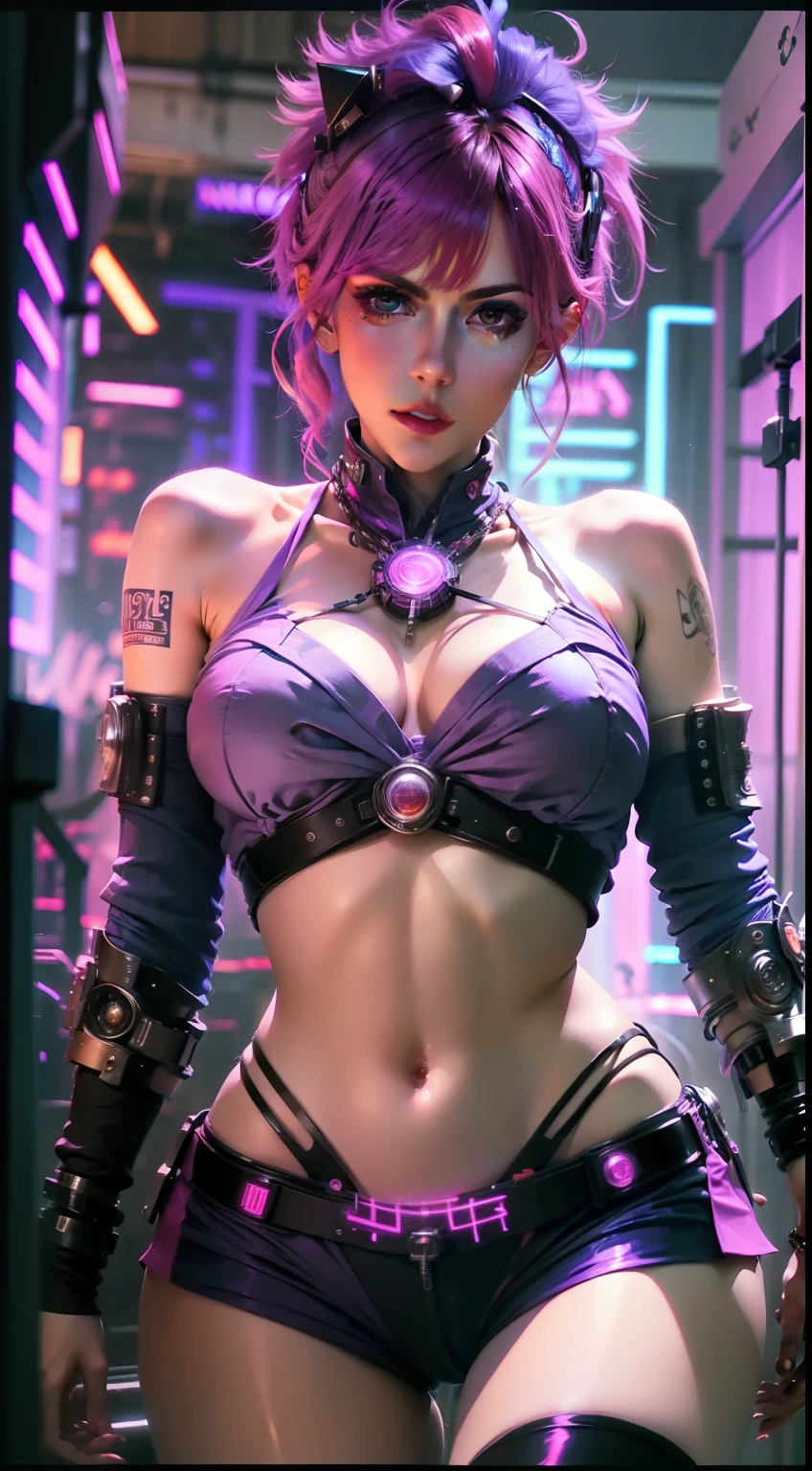 Urban pre fairy punk Alexandra Daddario in pink tights, big breasts, Cyberpunk Style, Neon background, Real face, multicolored hair, Ultra-Wide Angle, cinematic lighting, glowing light, from above, best quality, super detail, masterpiece, anatomically correct, 8k