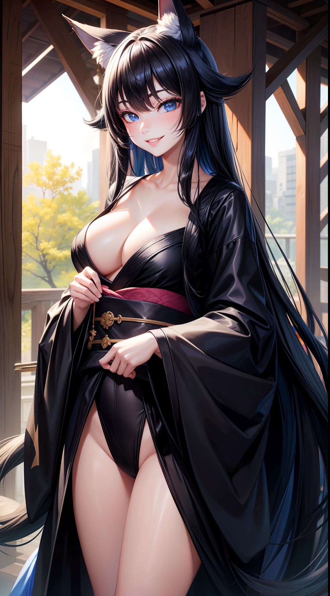 adult girl, Long black hair, Fox ears, blue eyes, black kimono, briefs, open breasts, Smile, tooth, Masterpiece, hiquality