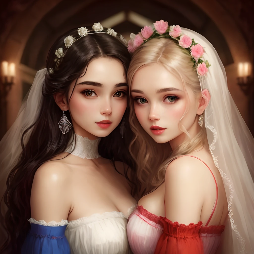 A maid in a maid's costume and a girl of the nobility both together and happy love each other, lesbians, one with pink hair tied up with a hairstyle and the other with black hair.