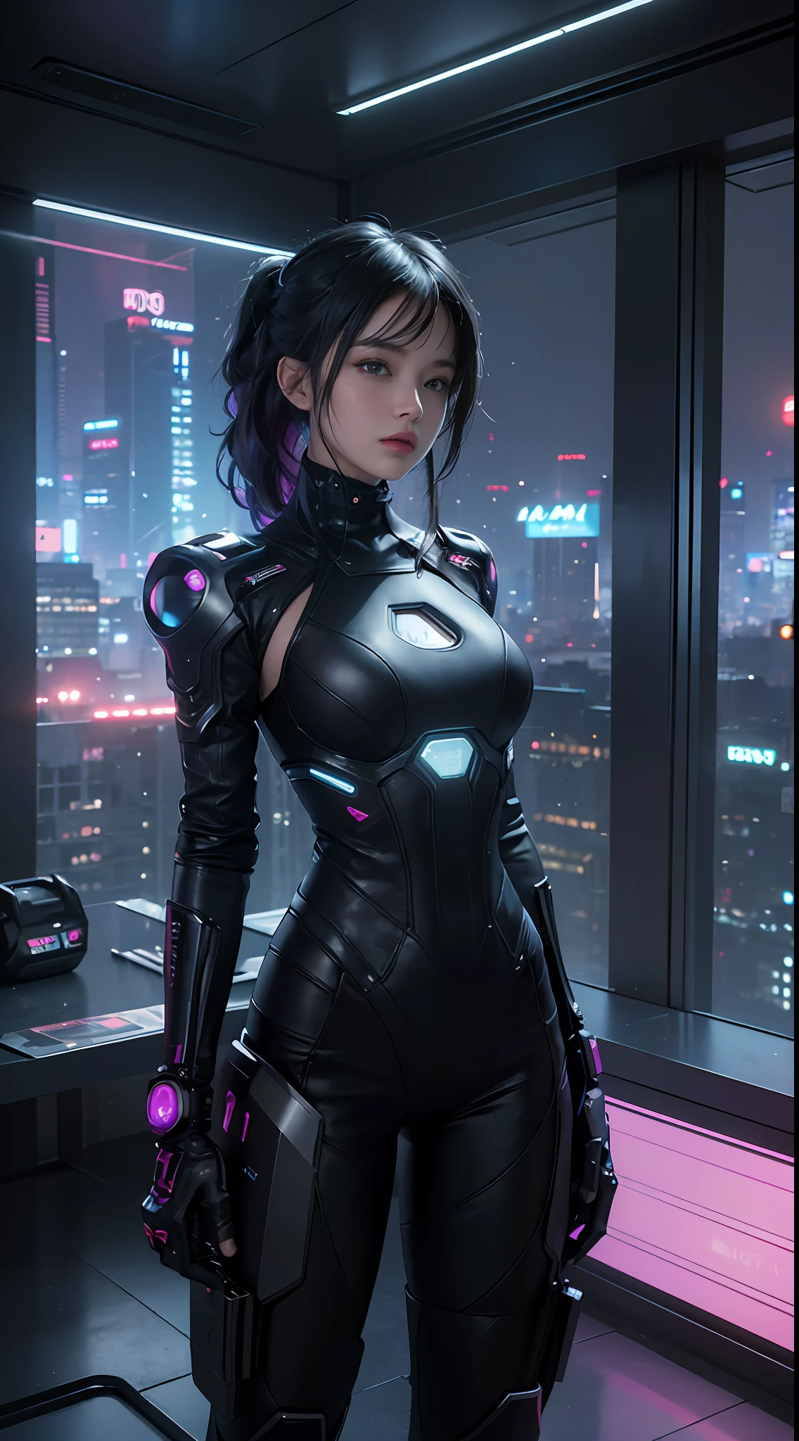 Best image quality, Masterpiece, Ultra-high resolution, (Fidelity:1.4), Photo, Movie, ((cyber punk perssonage)), cyber outfit, Futuristic, ((Award-winning ultra-realistic photos)),(Hyper-detailing),(Complicated details),(High resolution CGI artwork 8k),a girl in,Futuristic cyberpunk living room/Bedrooms/kitchens/terrazzo,Detailed cyberpunk cityscape。Futuristic style,There are many colors and LED lights。The cityscape should be very detailed,depth of fields。Create depth with atmospheric lighting,Wide-angle lens showing rooms and windows。Use atmospheric and volumetric lighting to enhance cityscape detail。The room should be illuminated by the neon lights of the cityscape, Pastel textured colored background, Colourful, vibrant