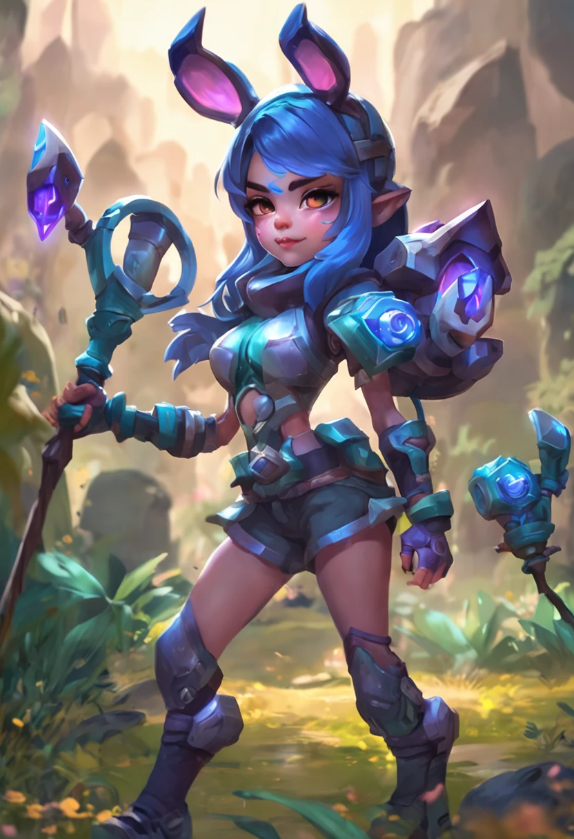 Melhor qualidade de obra-prima (anime:1.1) papoula (Personagem de League of Legends) Yordle (1girl)( pele azul:1.2) orelhas pontudas musculosas magras loiras platinadas penteado longo de duas caudas na academia sorrir