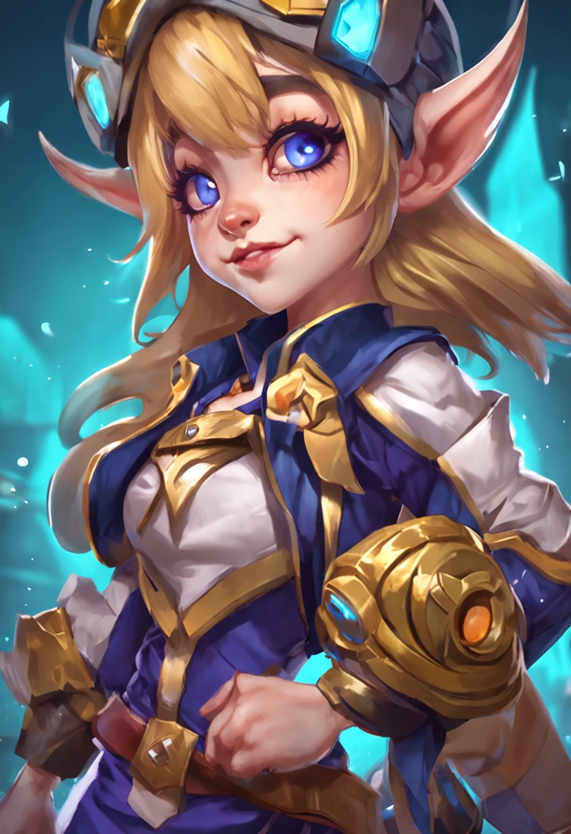 Melhor qualidade de obra-prima (anime:1.1) papoula (Personagem de League of Legends) Yordle (1girl)( pele azul:1.2) orelhas pontudas musculosas magras loiras platinadas penteado longo de duas caudas na academia sorrir