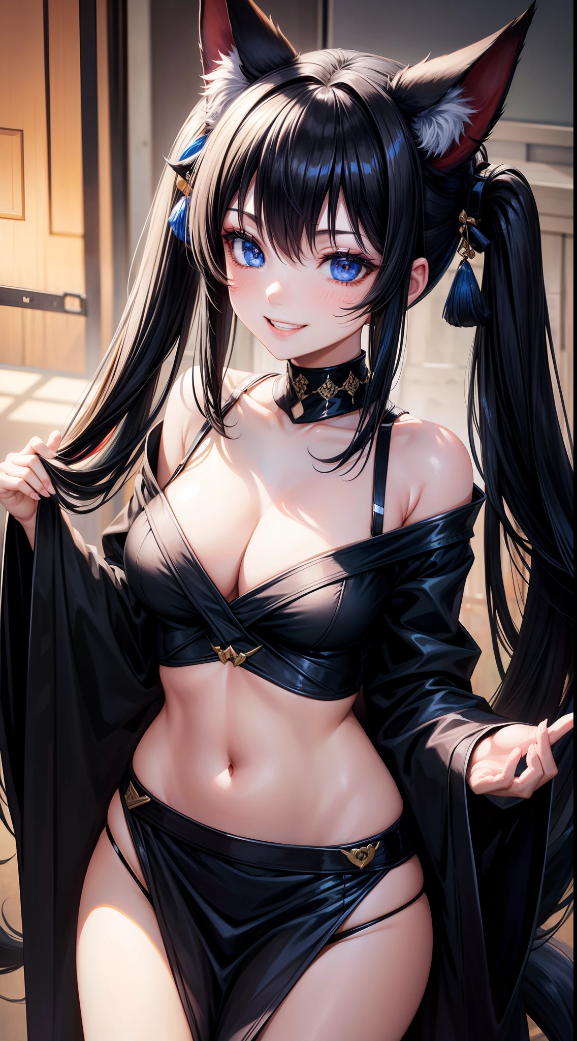 adult girl, Long black hair, Fox ears, blue eyes, black kimono, briefs, open breasts, Smile, tooth, Masterpiece, hiquality