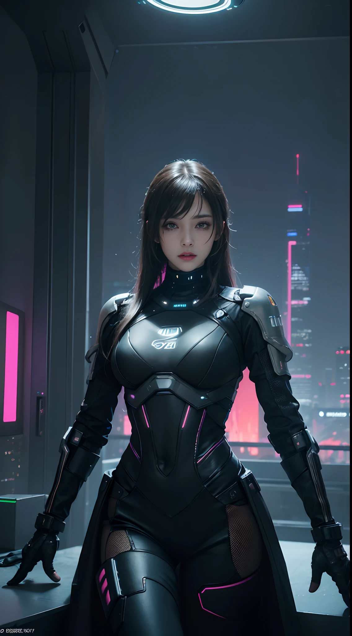 Best image quality, Masterpiece, Ultra-high resolution, (Fidelity:1.4), Photo,  Movie, ((cyber punk perssonage)), cyber outfit, Futuristic, ((Award-winning ultra-realistic photos))，（Hyper-detailing），（Complicated details），（High resolution CGI artwork 8k），a girl in，Futuristic cyberpunk living room/Bedrooms/kitchens/terrazzo，Detailed cyberpunk cityscape。Futuristic style，There are many colors and LED lights。The cityscape should be very detailed，depth of fields。Create depth with atmospheric lighting，Wide-angle lens showing rooms and windows。Use atmospheric and volumetric lighting to enhance cityscape detail。The room should be illuminated by the neon lights of the cityscape, Pastel textured colored background, Colourful, vibrant