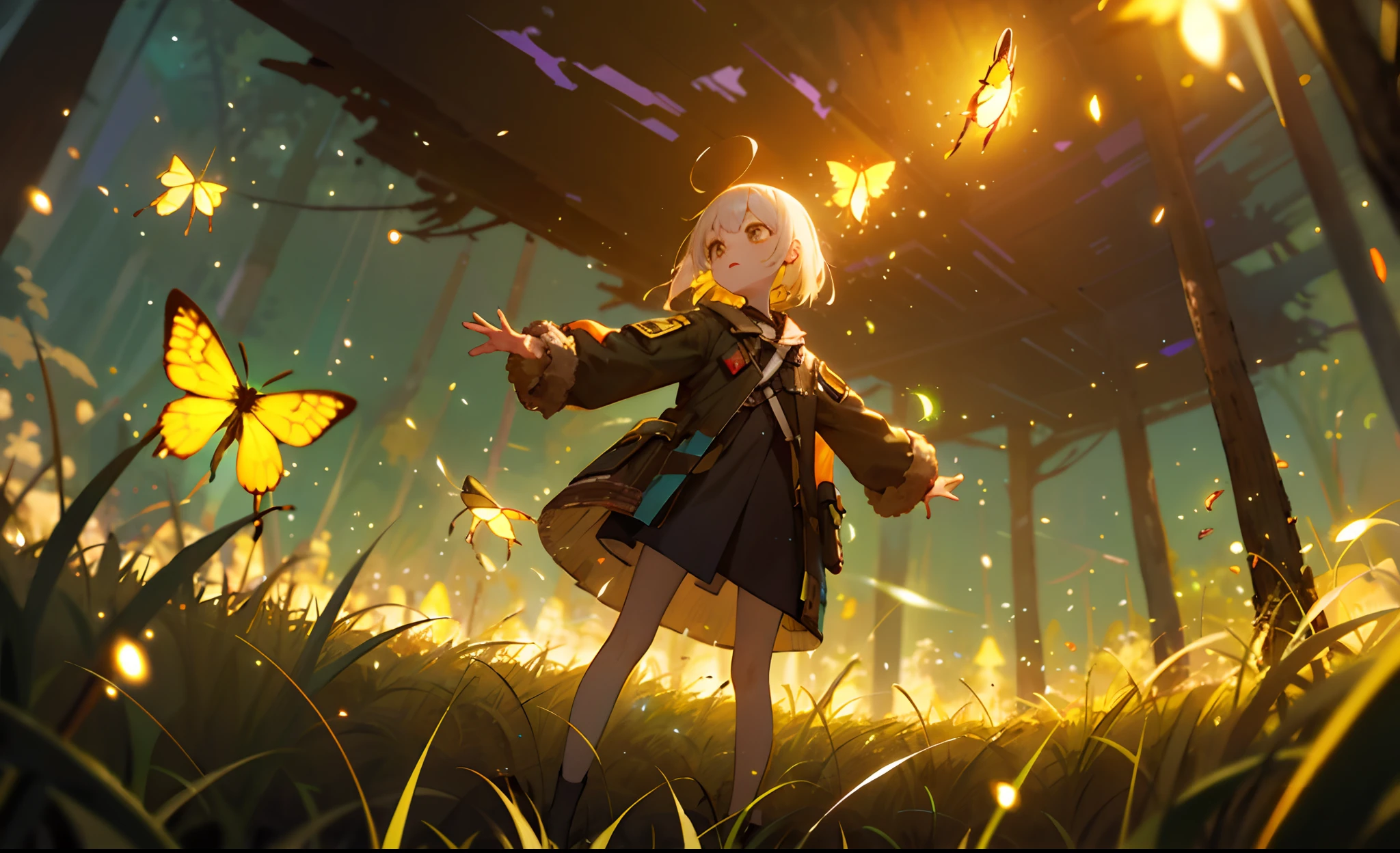 The corrupted grass turned into fireflies，The girl stood in the middle of the fireflies