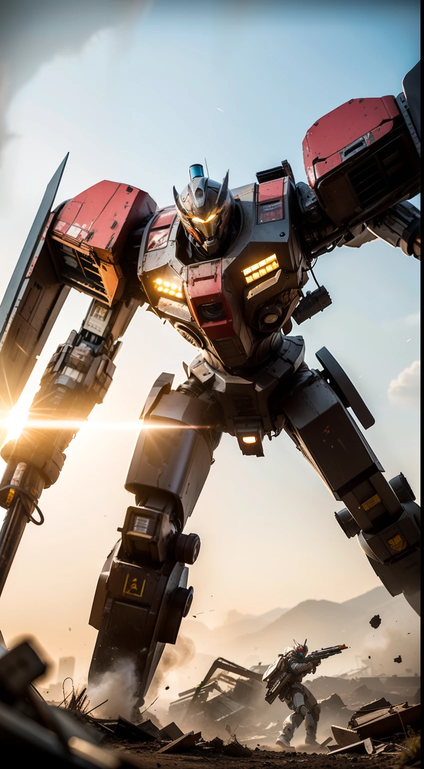 Look up at the perspective,(Digital artwork:1.3)(a sketch:1.1)Octane renders a wasteland,Swirling thick clouds,smog,Flying machines in the sky fierce battle,weed,Dilapidated houses,gravel path,Sunset,dark red color,((A girl in a combat uniform stood in front of the badly damaged and broken mech)),((The girl's long messy hair fluttered,Blood,closeup cleavage)),(Stubborn),(Steadfast),(blood stains at the corners of the mouth),(Messy long hair flying),(((The mech was spattered with blood))),(Mars splashes),((Broken upper body mech,Dropped mech fragments)),(Exposed wires),((Mecha is depicted finely)),(((super-fine))),shot at 8k resolution,petrol liquid,Firelight,Missiles streaked across the sky,weeds,gravel path,blasts,splashart,((Dynamic speed lines:1.2)),Lithography in intricate details,dongh(Light particles:1.2),(game concept:1.3),(depth of fields:1.3),Global illumination,detail-rich,Trends on ArtStation,Epic shooting,Cinematic lighting