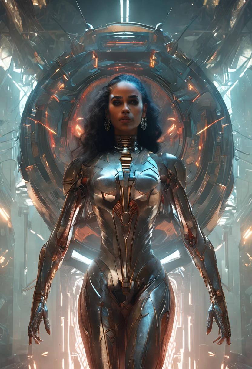 Futuristic native futurism,Actress Priyanka Chopra plays the high-level cybernetic cyborg, the Hindu goddess of war, sensuality,Artistic details,Cyberpunk Hindu mythology,Epic science fiction fantasy, Centered,In the style of Nick Alm's fantasy futuristic fantasy works, Dark prism, Dark, Metal composition, symmetrical arrangements, Iridescent metallic , distinctive noses, Ethereal,Blood splattered multicolored, eye-catching metallic compositions, Symmetrical geometry, distinctive noses, gothic references, With bold lines and black stripes,White,Red, Gold and silver, Fantasy science fiction art, a detailed painting, ,Alex Alemanni merges with Carol Barker