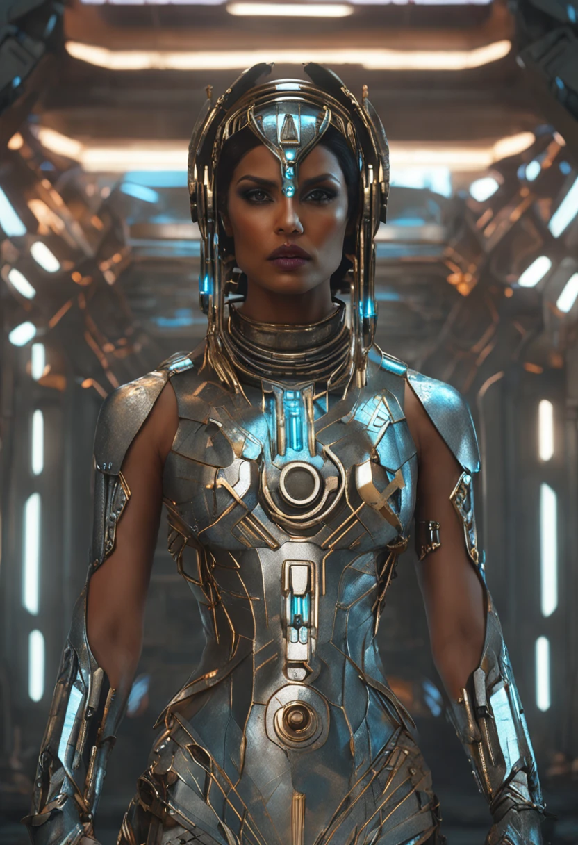 Futuristic native futurism,Actress Priyanka Chopra plays the high-level cybernetic cyborg, the Hindu goddess of war, sensuality,Artistic details,Cyberpunk Hindu mythology,Epic science fiction fantasy, Centered,In the style of Nick Alm's fantasy futuristic fantasy works, Dark prism, Dark, Metal composition, symmetrical arrangements, Iridescent metallic , distinctive noses, Ethereal,Blood splattered multicolored, eye-catching metallic compositions, Symmetrical geometry, distinctive noses, gothic references, With bold lines and black stripes,White,Red, Gold and silver, Fantasy science fiction art, a detailed painting, ,Alex Alemanni merges with Carol Barker